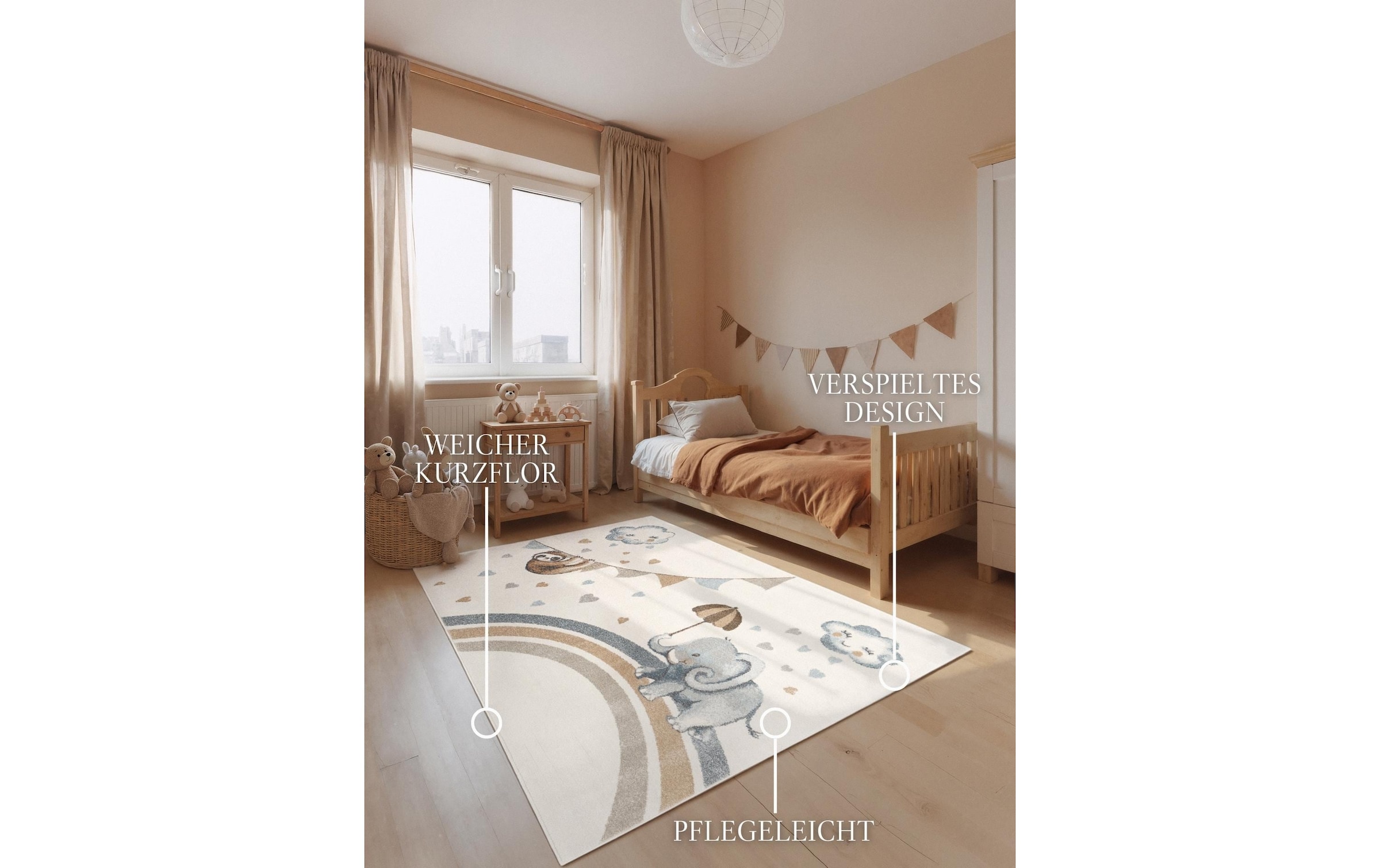 Villeroy & Boch Tapis pour enfants »Walk like an Elephant Rainy Party Teppich« Rectangulaire 9 mm Höhe Spielteppich weich, Kinderzimmer, Boho Kids Spielunterlage, Tieremotiv