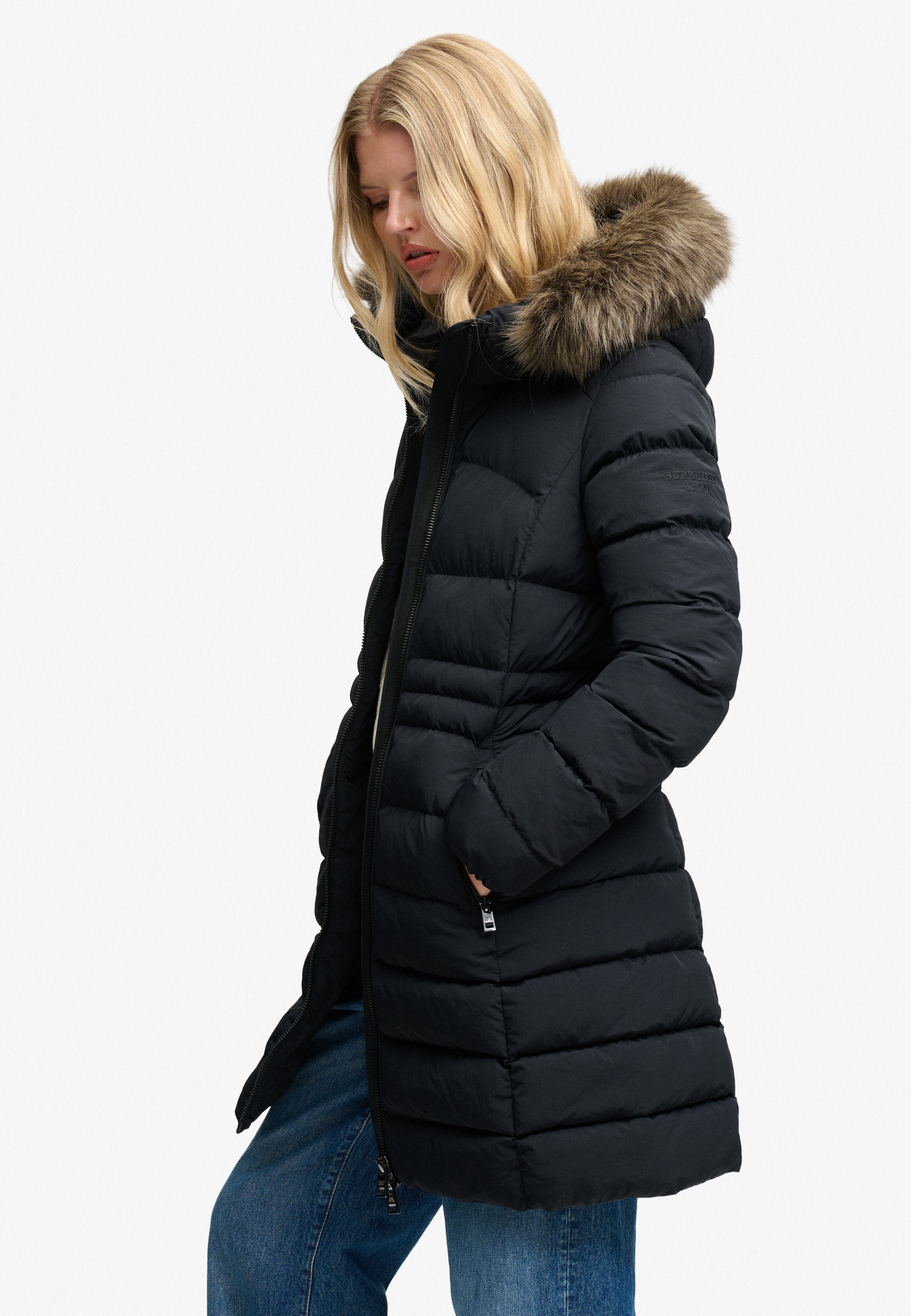 Superdry Veste matelassée »HOOD FAUX FUR FUJI MID LENGTH« avec capuche fibre synthétique, coupe slim