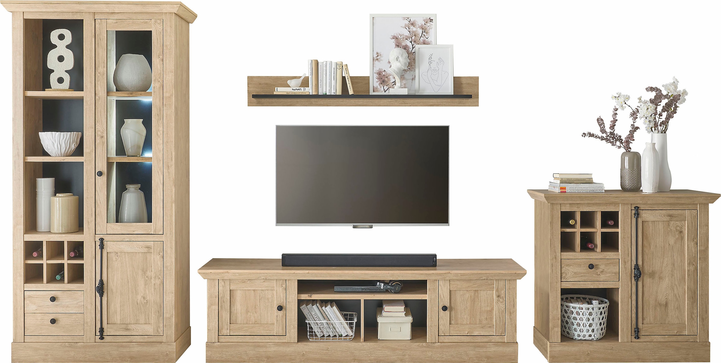 Home affaire Meuble mural »Cornwall, Anbauwand im Landhausstil, Wohnzimmer-Set, Eiche Dekor« Set, 4 cuis tlg.