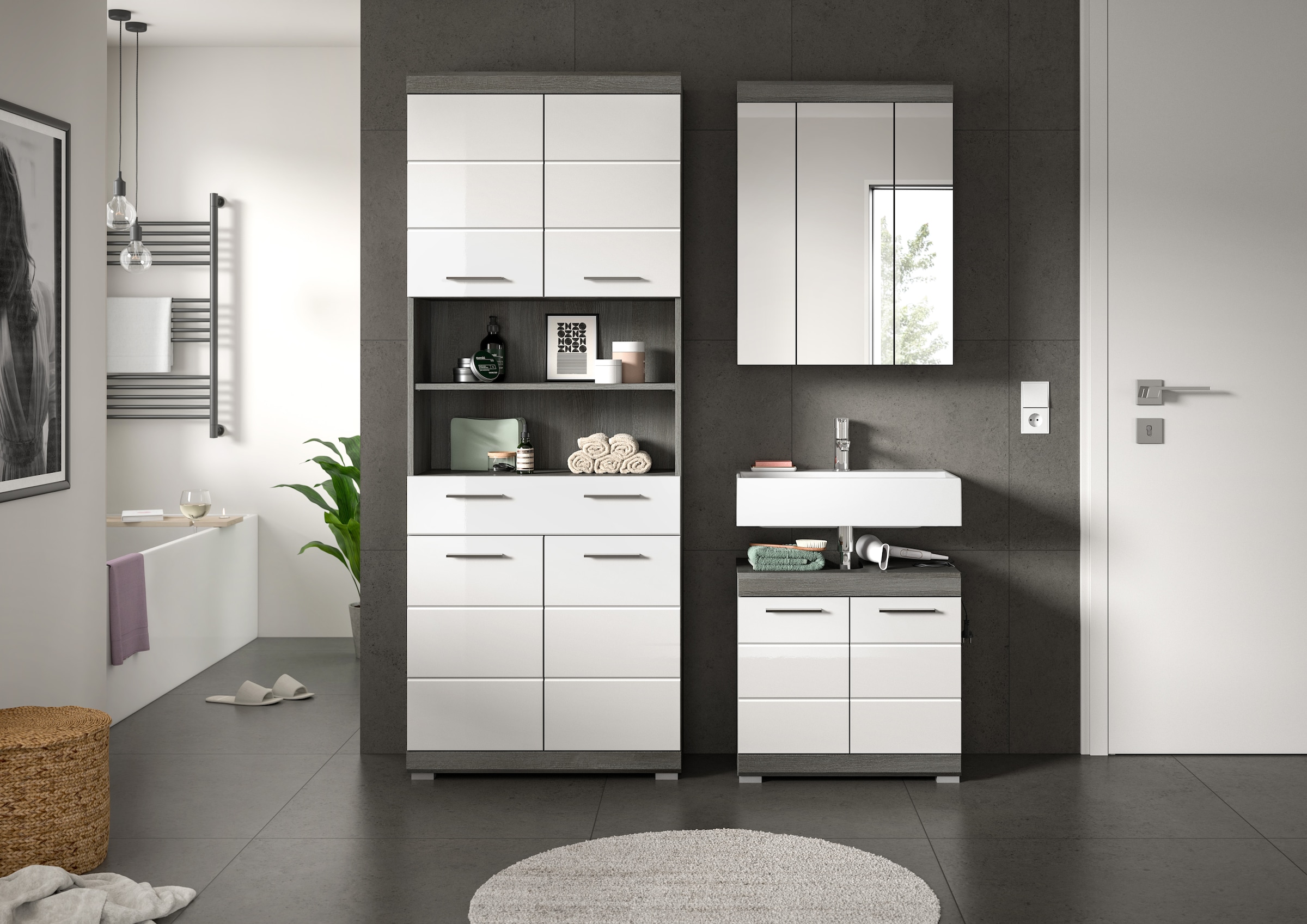 welltime Badmöbel-Set »SIENA, TOPSELLER!, Breite 149cm, 3-teiliges Set« Set, bestehend aus: Hochschrank, Waschbeckenunterschrank & Spiegelschrank, 3 Stk. tlg.