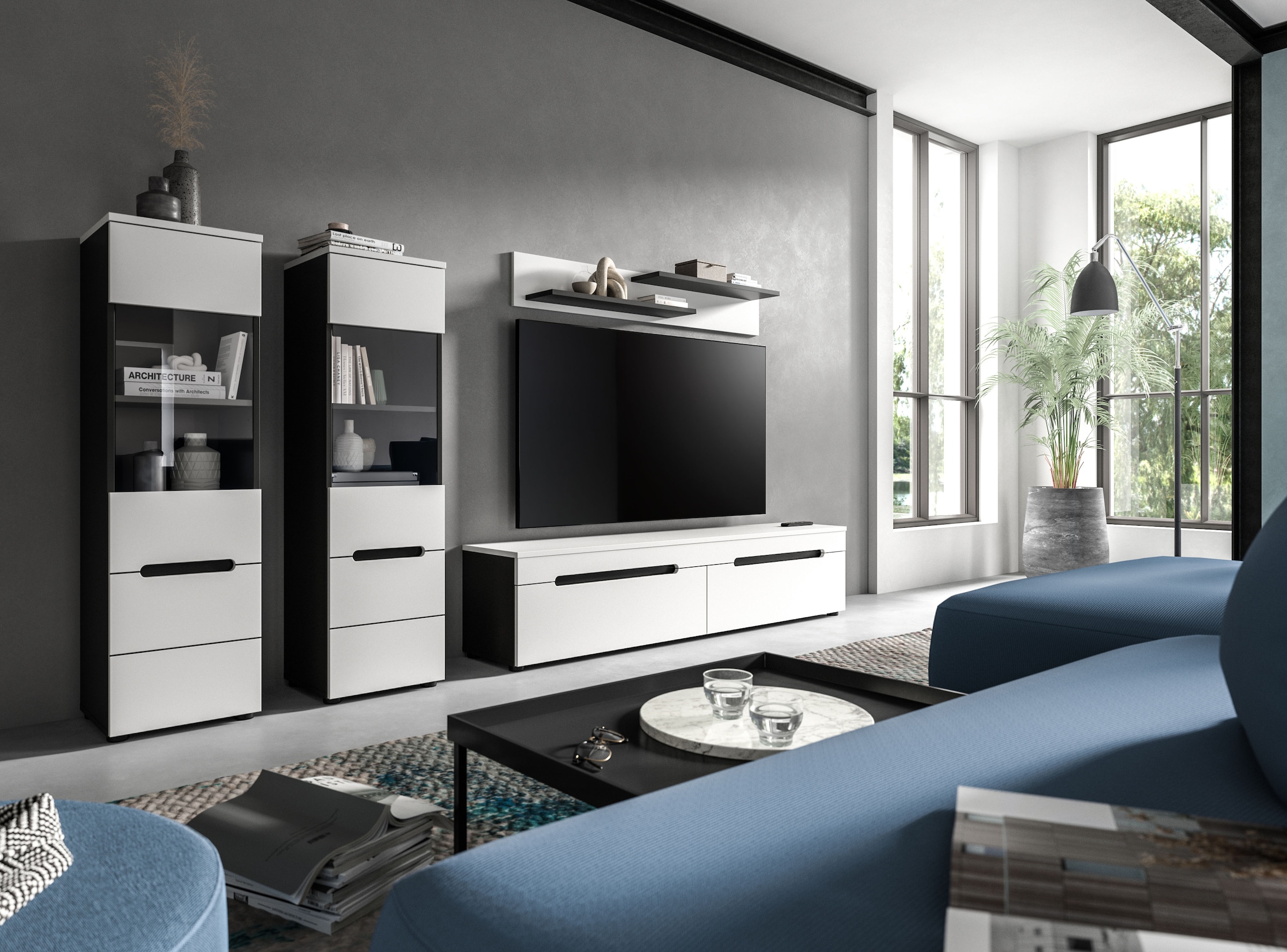 Home affaire Meuble mural »REHAT, TOPSELLER!, 4-teilig, wahlweise stehend und hängend montierbar« Set bestehend aus: 2x Vitrine, Lowboard und Wandboard, 3 cuis tlg.