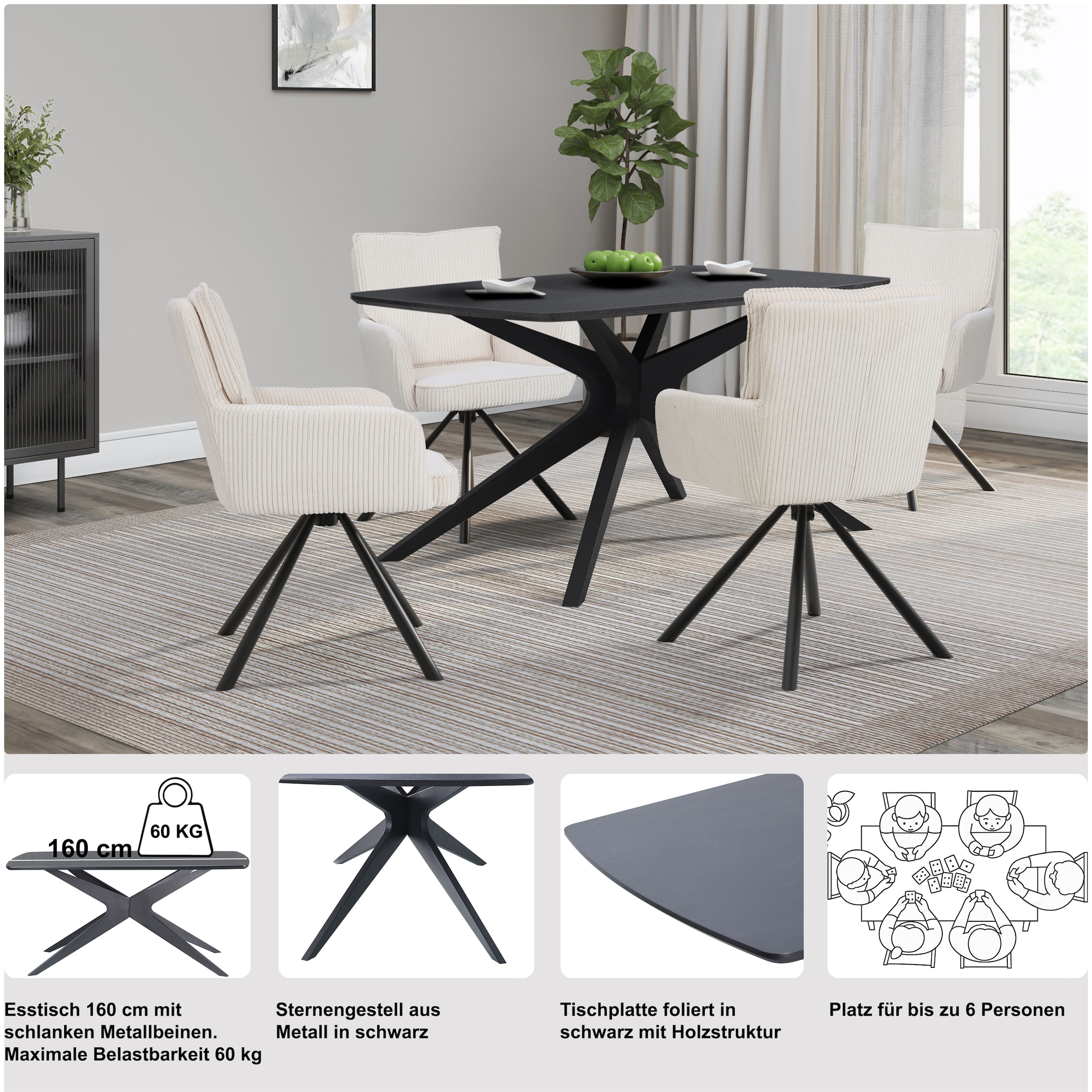 GOODproduct Esstisch »Dakona« Tischplatte mit Holzstruktur, schwarze Metallbeine, Höhe 76 cm
