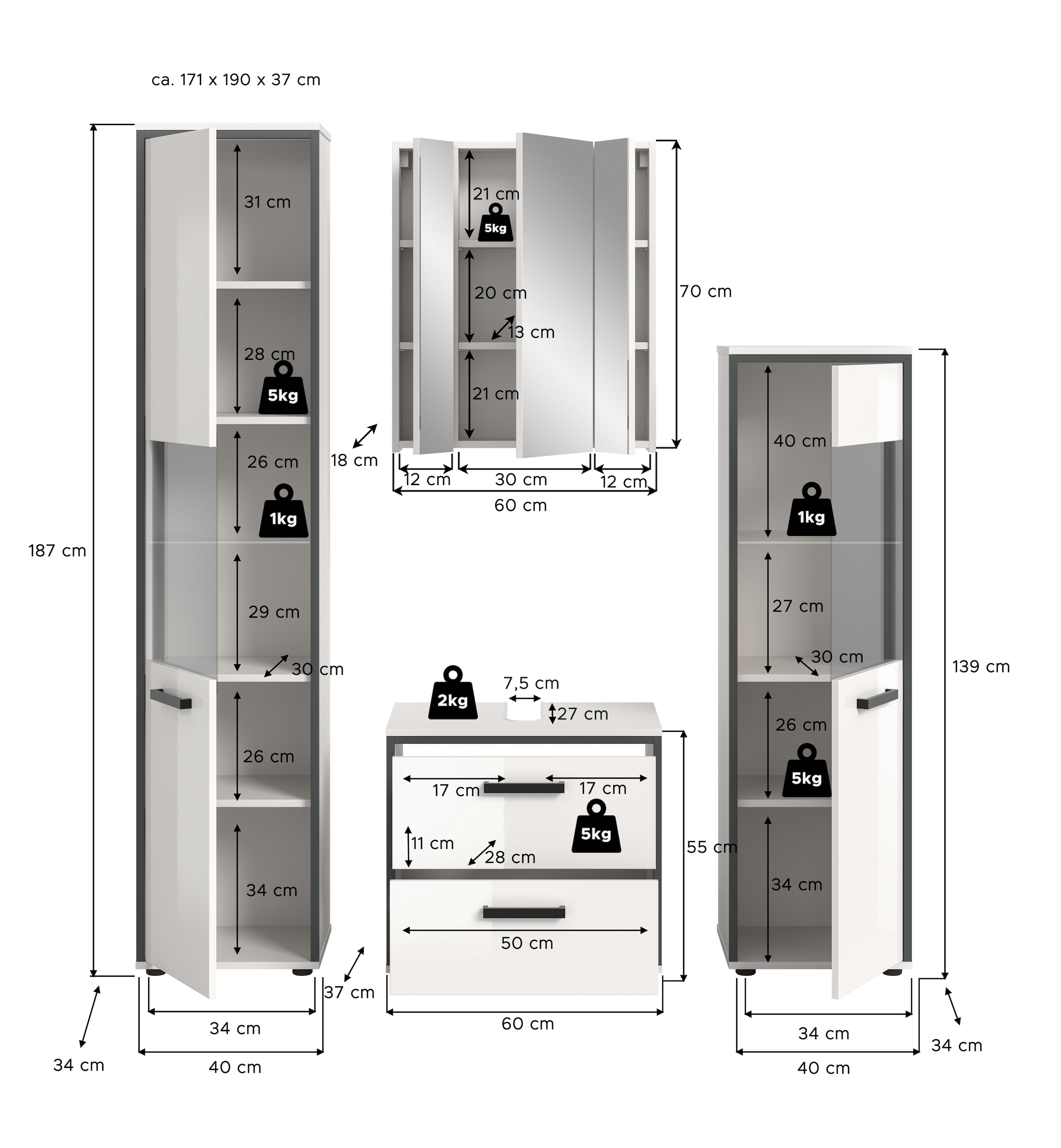 welltime Badmöbel-Set »KAJO, 4-tlg. Badkombination, weiss hochglanz« Set, Set, best. aus:1Hochschrank,1Spiegelschrank,1WBU,1Midischrank, 4 Stk. tlg.