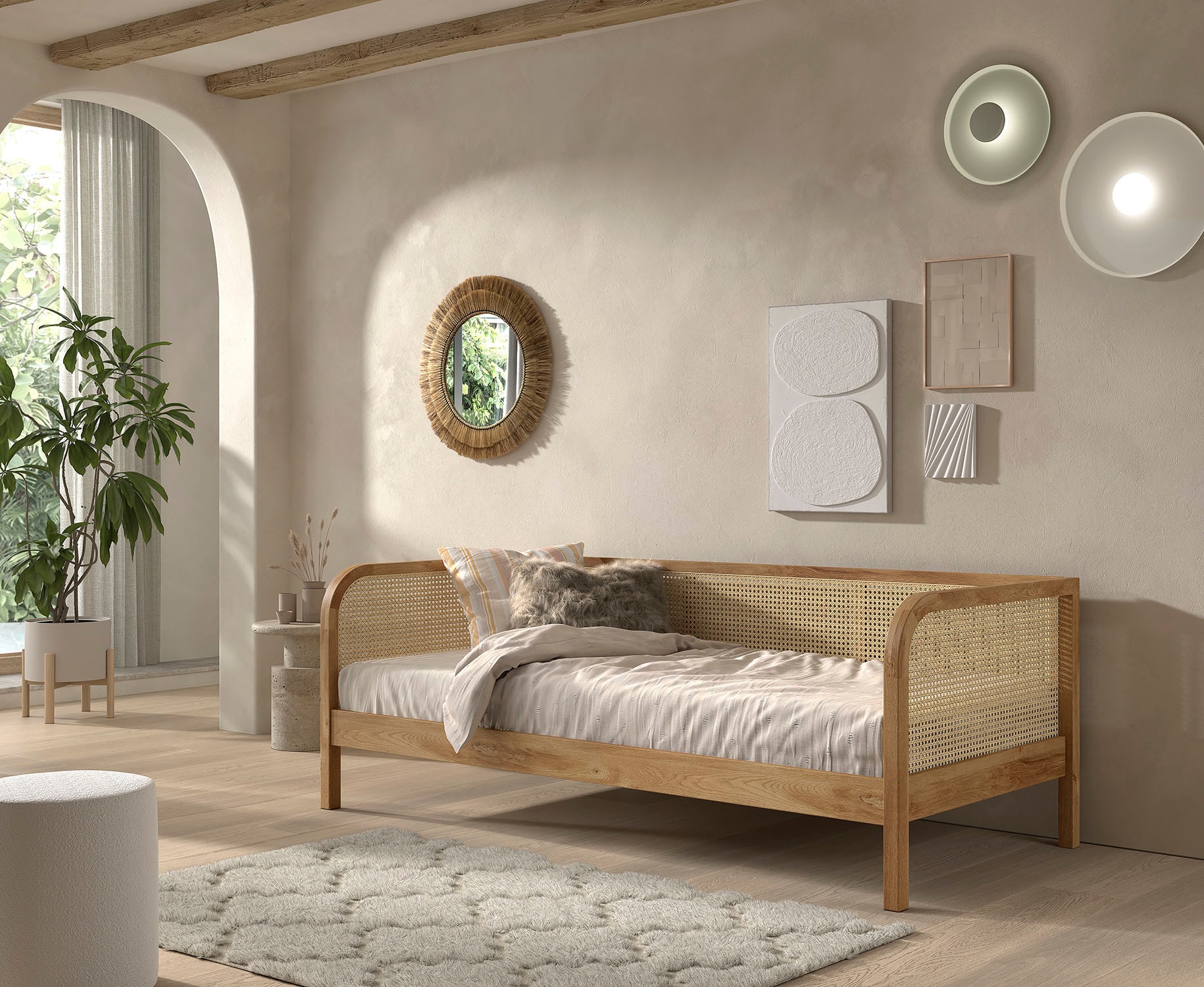 Vipack Lit »Olive, mit Eiche massiven Bettpfosten, Bettseiten furniert« L/H/P env. 210x75x96,6 cm, finition naturelle, design intemporel,  90/200 incl. sommier à lattes et têtes et côtés en rotin tendance