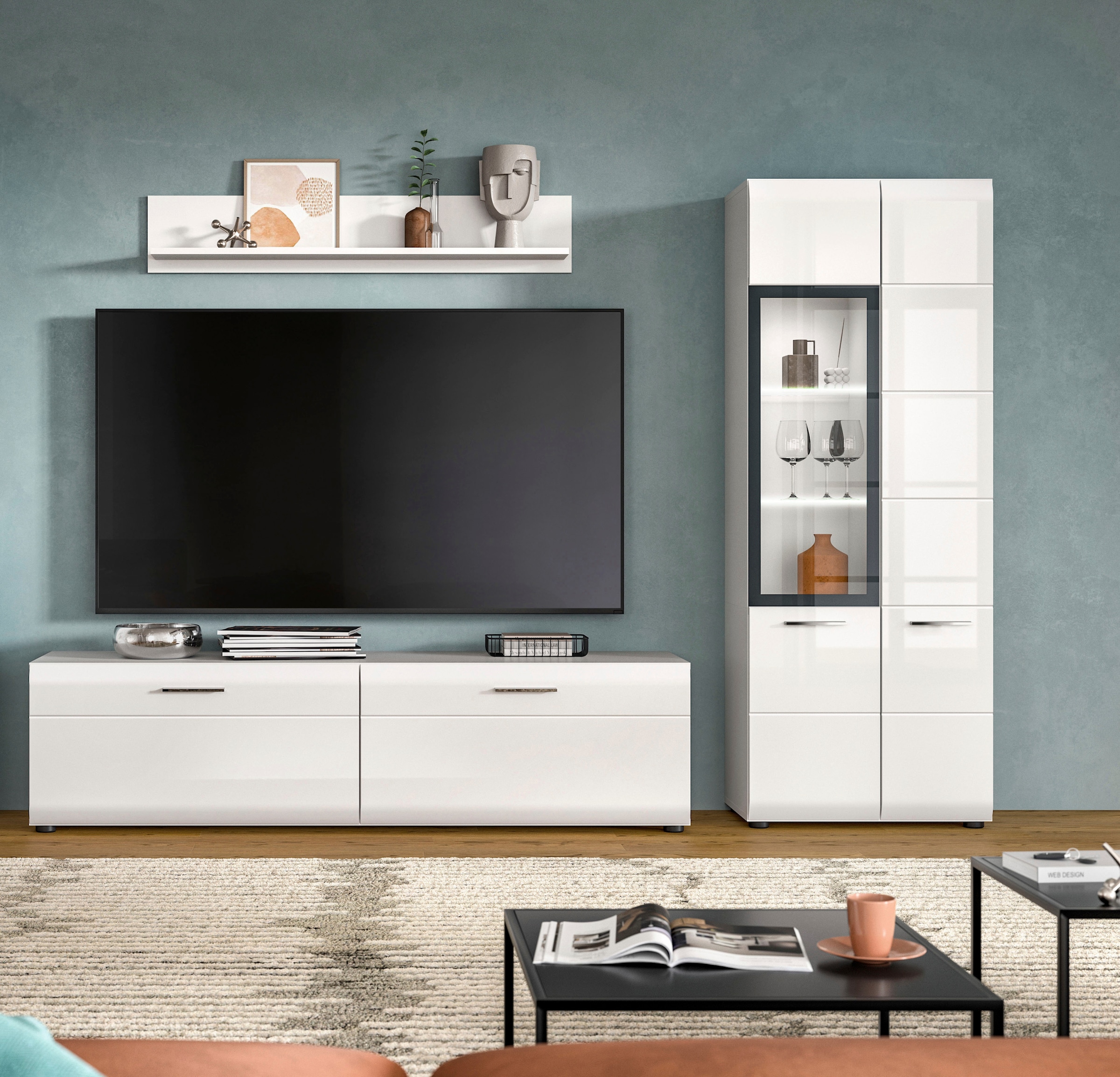 Home affaire Meuble mural »FLORENZ, 3-teilige Wohn-Kombination, hochwertige MDF-Front« Set, Set, best. aus: 1 Vitrine, 1 Lowboard, 1 Wandboard, 3 cuis tlg.