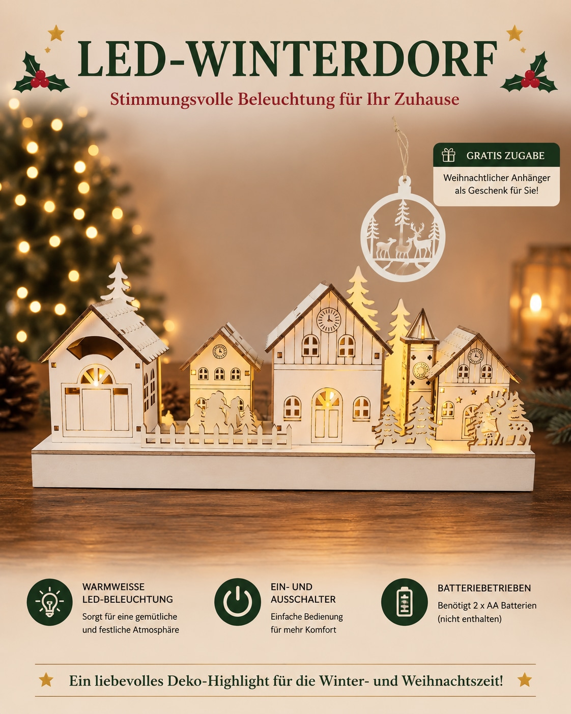 GOODproduct Weihnachtsdorf »Weihnachtsszene weiss« LED-Licht, detailreich gestaltete Winterszene