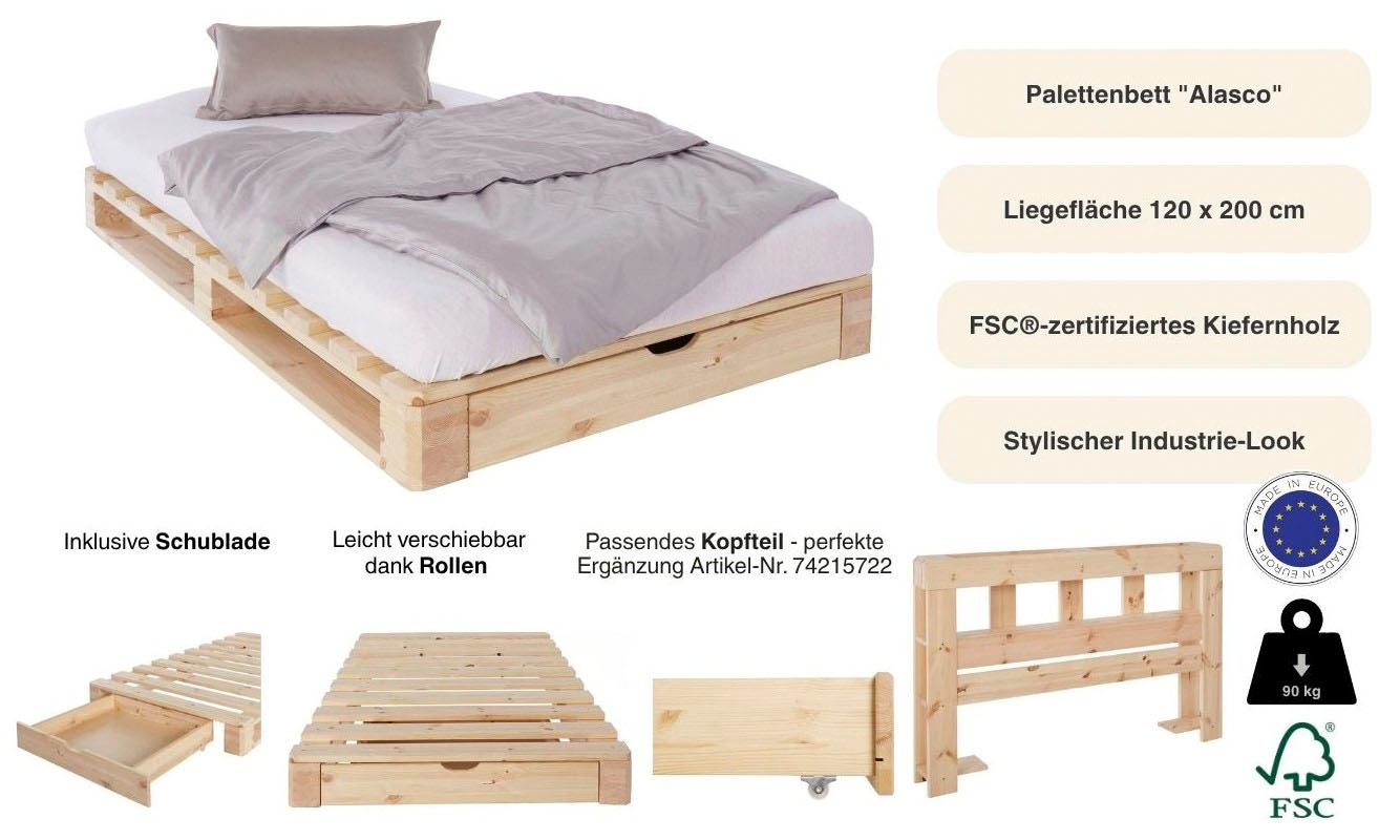 GOODproduct Palettenbett »"ALASCO "  BESTSELLER! Mit Schublade« zertifiziertes Massivholz, erweiterbar zum Doppel- oder Familienbett