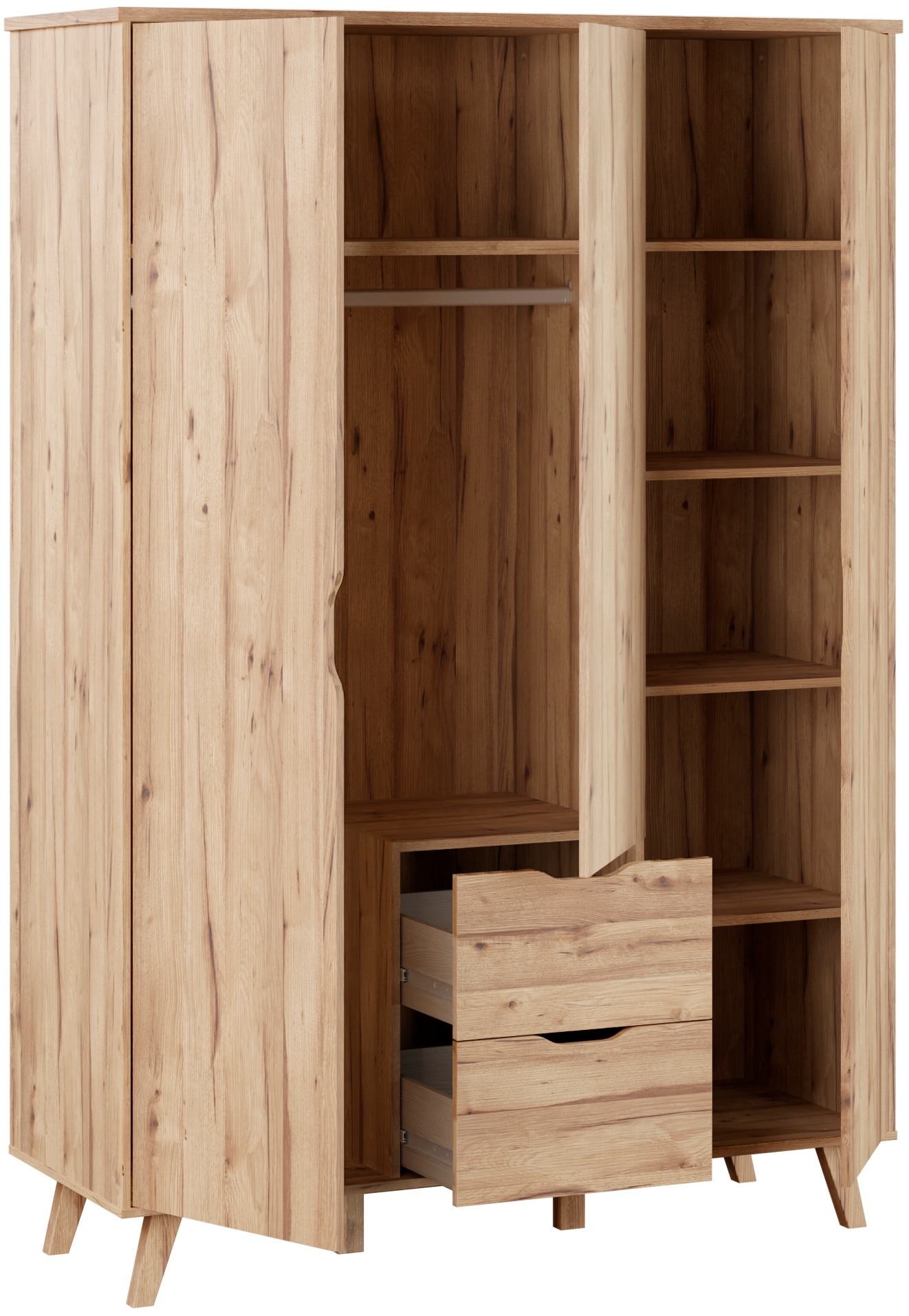 FORTE Drehtürenschrank »Vankka skandinavischer-Stil, viel Stauraum, ohne Griffe« B/H/T ca.140x200x52cm,  Made in Europe, mit Einlegeböden+Kleiderstange+Schubladen,grifflos