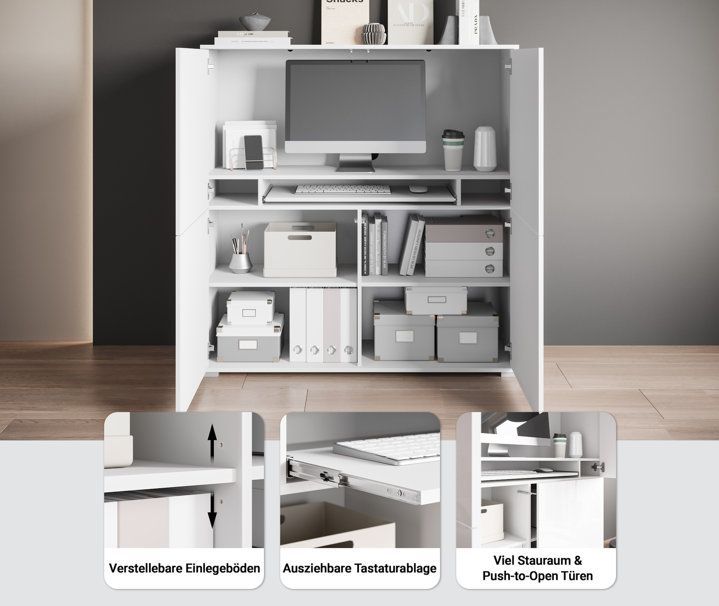 GOODproduct PC-Schrank »Kenia, Sekretär, Home Office« 1 Stk. tlg. Mit Push-to-open, Tastaturauszug und praktischem Stauraum