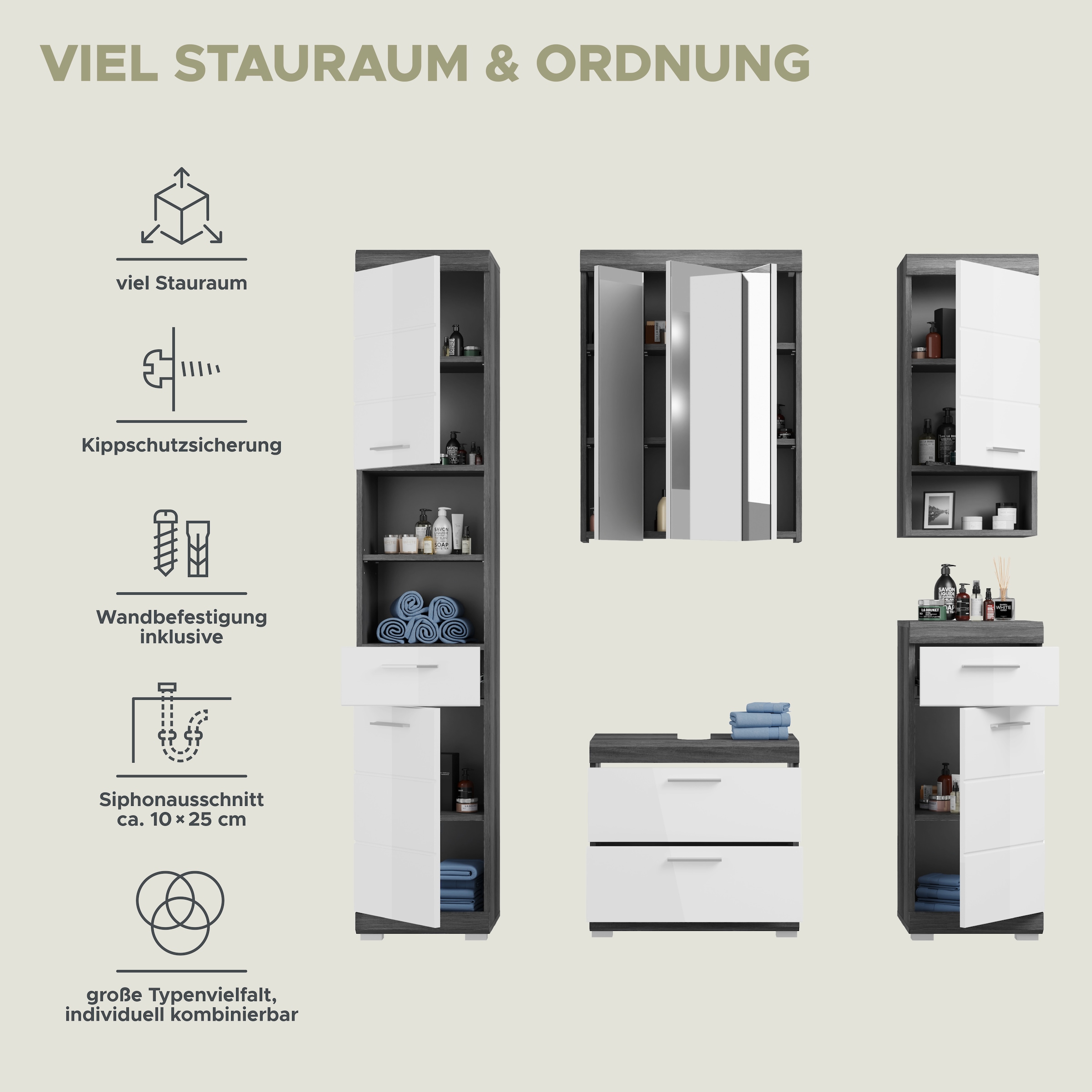 welltime Badmöbel-Set »Siena, 5 teilig, bestehend aus:« Set, TOPSELLER!, 5 Stk. tlg.