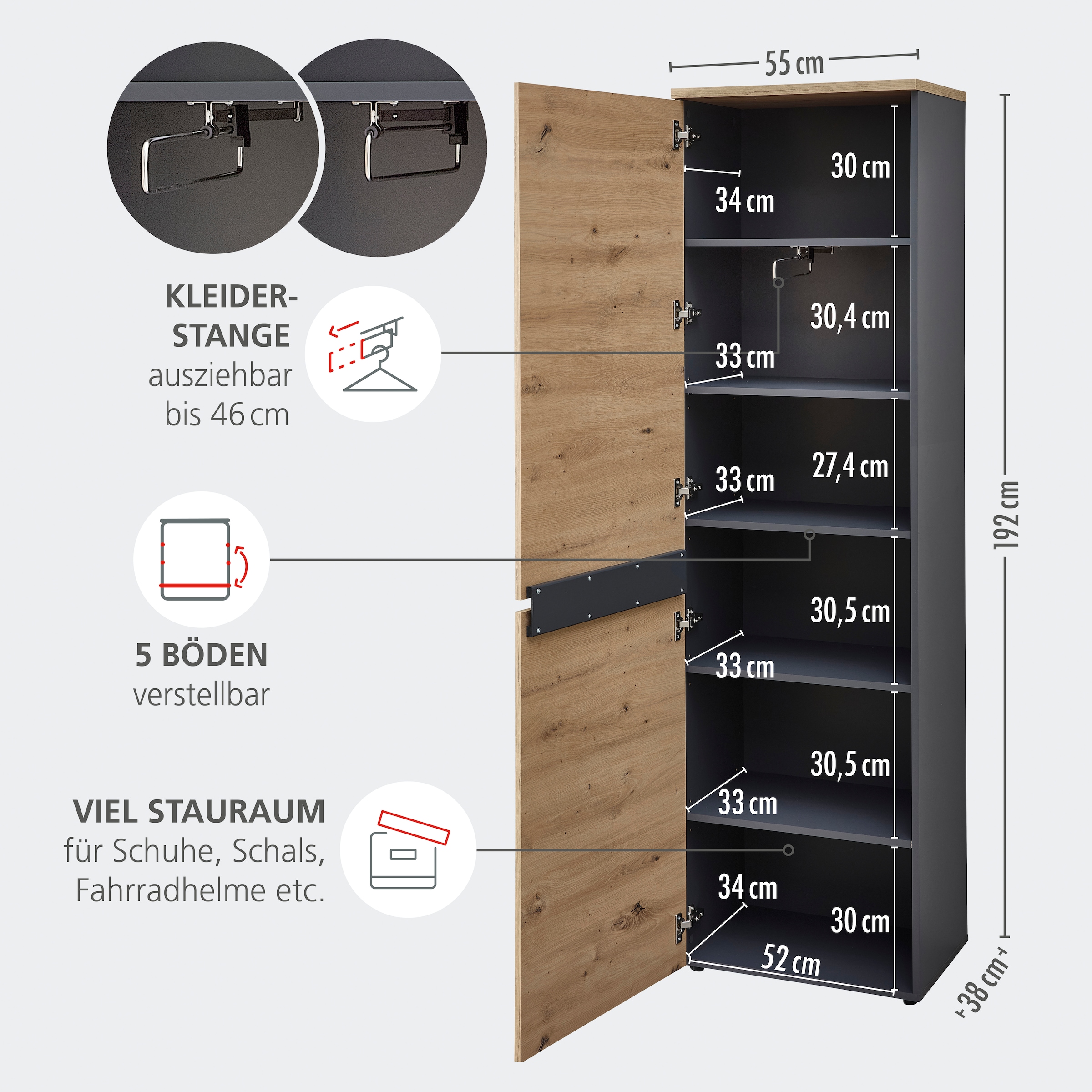 GOODproduct Armoire vestiaire »Bergen Garderobenschrank, 55/192/38 (B/H/T cm)« 1 cuis tlg. 4 türig, Spiegel, Softclose, Kleiderstange