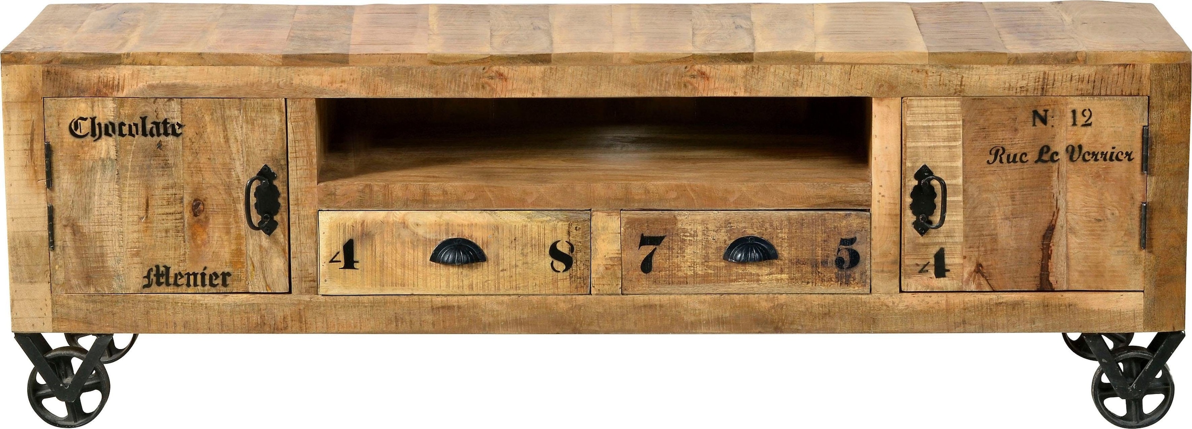 SIT Lowboard »Toledo aus Mangoholz mit Metallrollen im Vintage Used Look« Rustikales TV-Board mit 2 Türen, 2 Schubladen und Kabeldurchführung