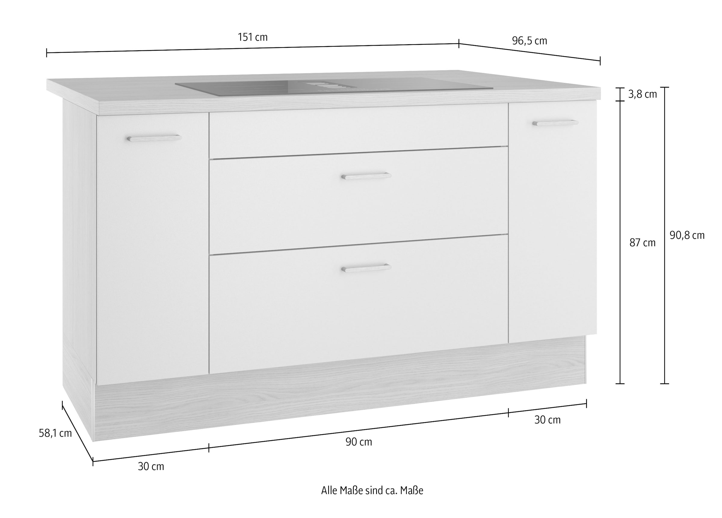 KOCHSTATION Ilot de cuisine »KS-Lucy« Breite 151 cm, Vollauszüge, wahlweise mit Kochfeld mit Muldenlüfter