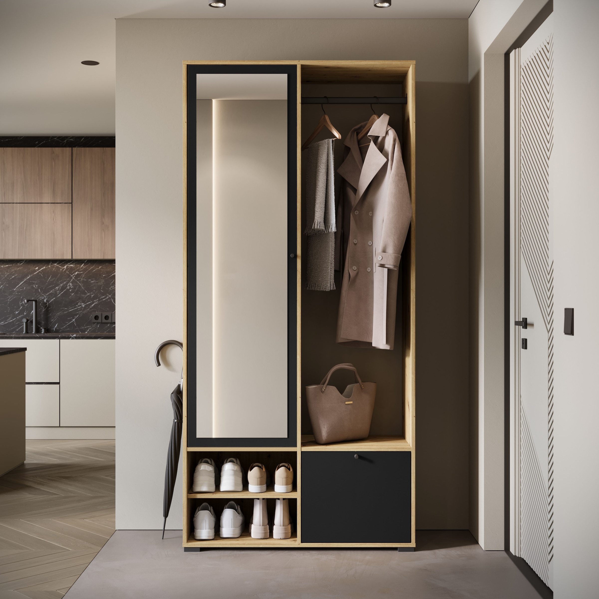Home affaire Armoire vestiaire »DINO Kompaktgarderobe, Garderoben-Set DINO« Avec miroir et tringle à vêtements, largeur 90 cm, sens d'ouverture de la porte réversible