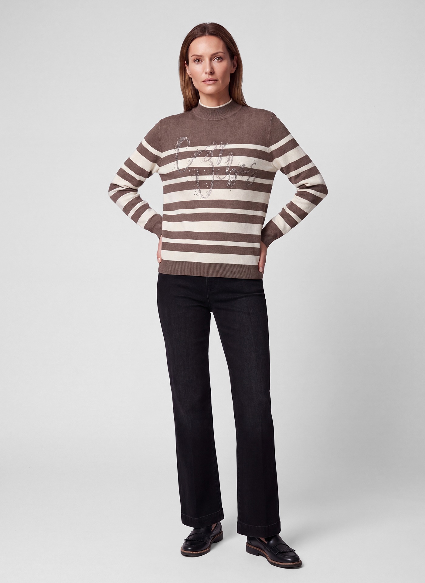 Rabe Pull en tricot im Streifen-Design und mit Glitzer-Wording