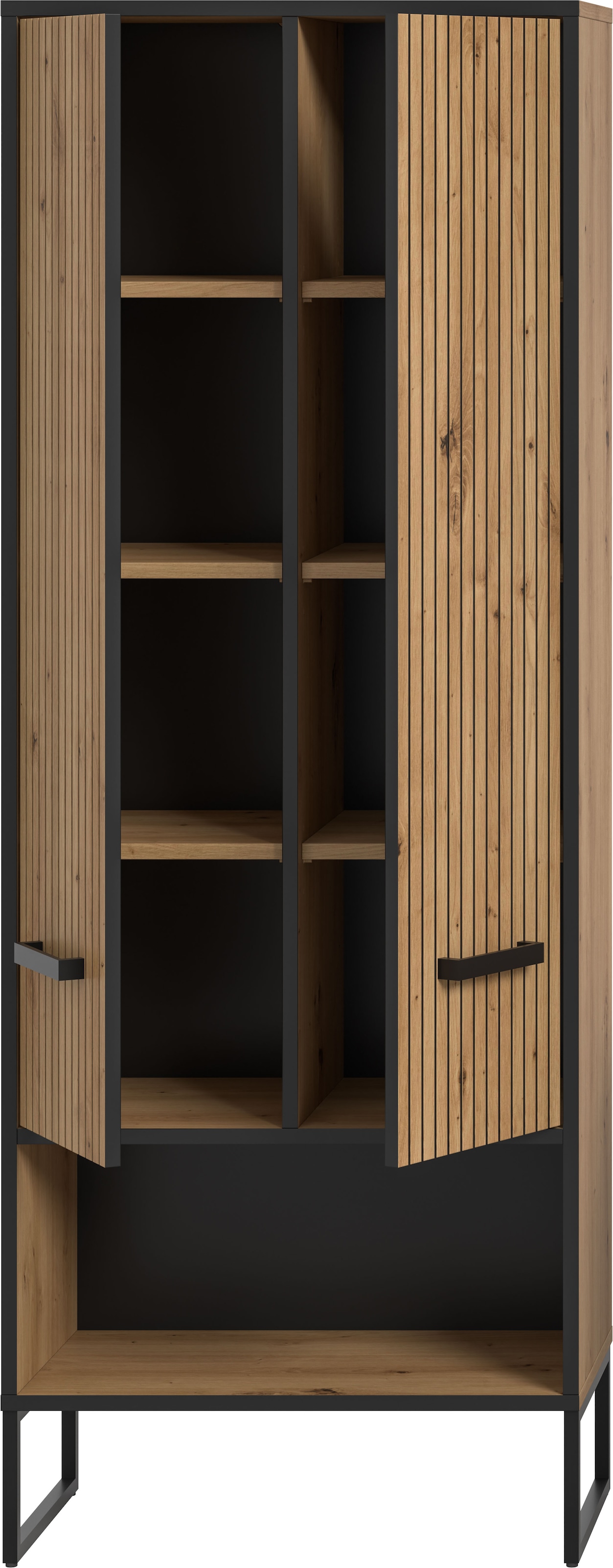 welltime Armoire haute »LOCRI, Höhe 159 cm, 2 Türen, 6 Einlegeböden, 1 offenes Fach« Look industriel avec rainures & patins métalliques, 1 cuis tlg. semelles intérieures variables, design moderne, armoire de salle de bain, salle de bain
