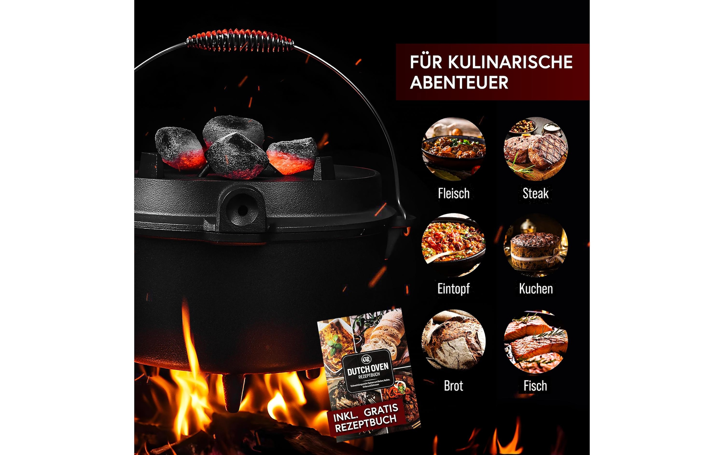   Grilltopf »Gusskoenig Dutch Oven Set 4,5 l mit Deckelheber, Bürste« Gusseisen Set mit 2in1 Deckelheber und Reinigungsbürste