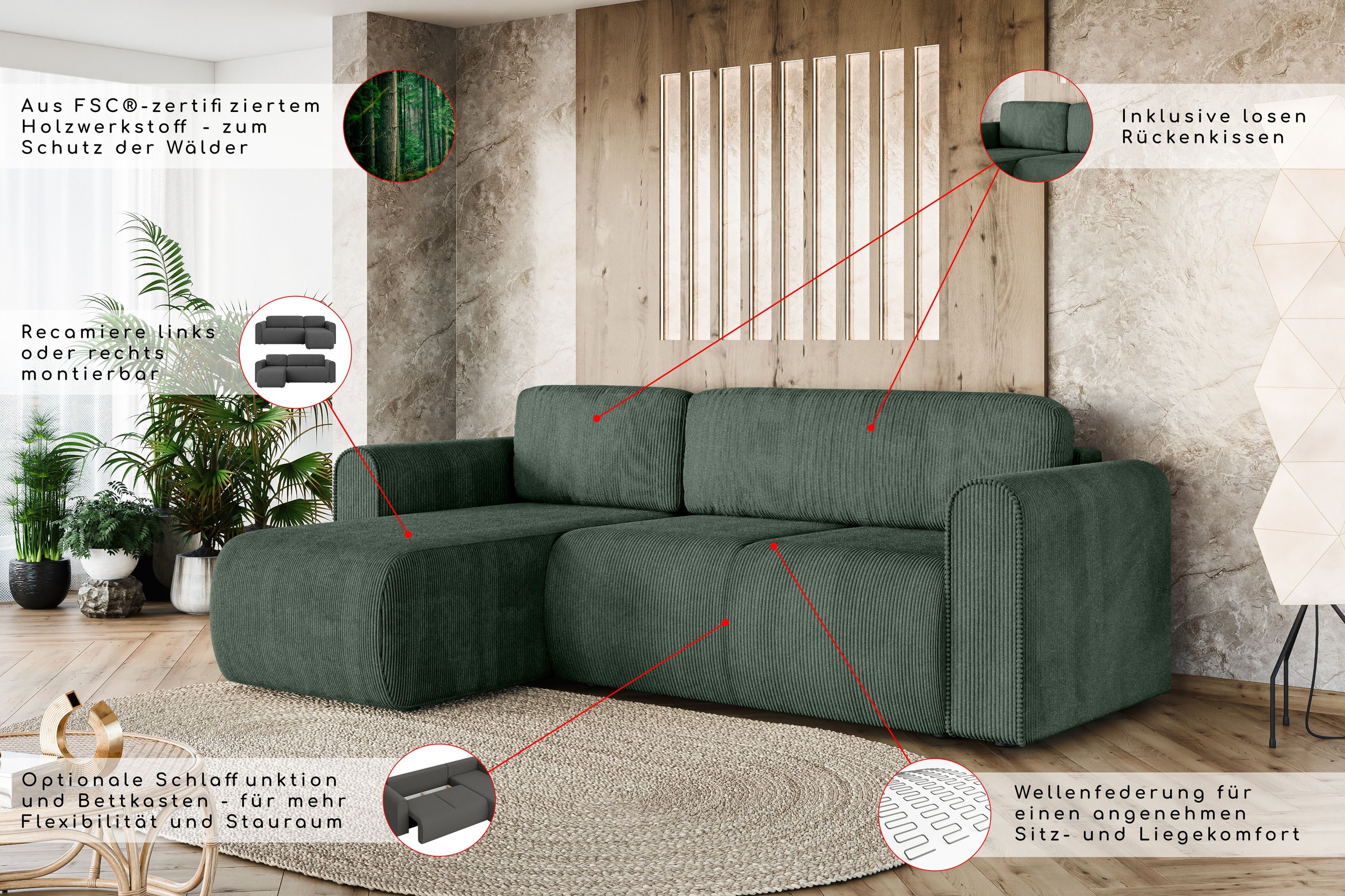 GOODproduct Canapé d'angle »Zacharia wahlweise Schlafsofa mit Bettkasten, B/T/H 250/166/86 cm« L-Form mit Wellenunterfederung, Recamiere beidseitig montierbar