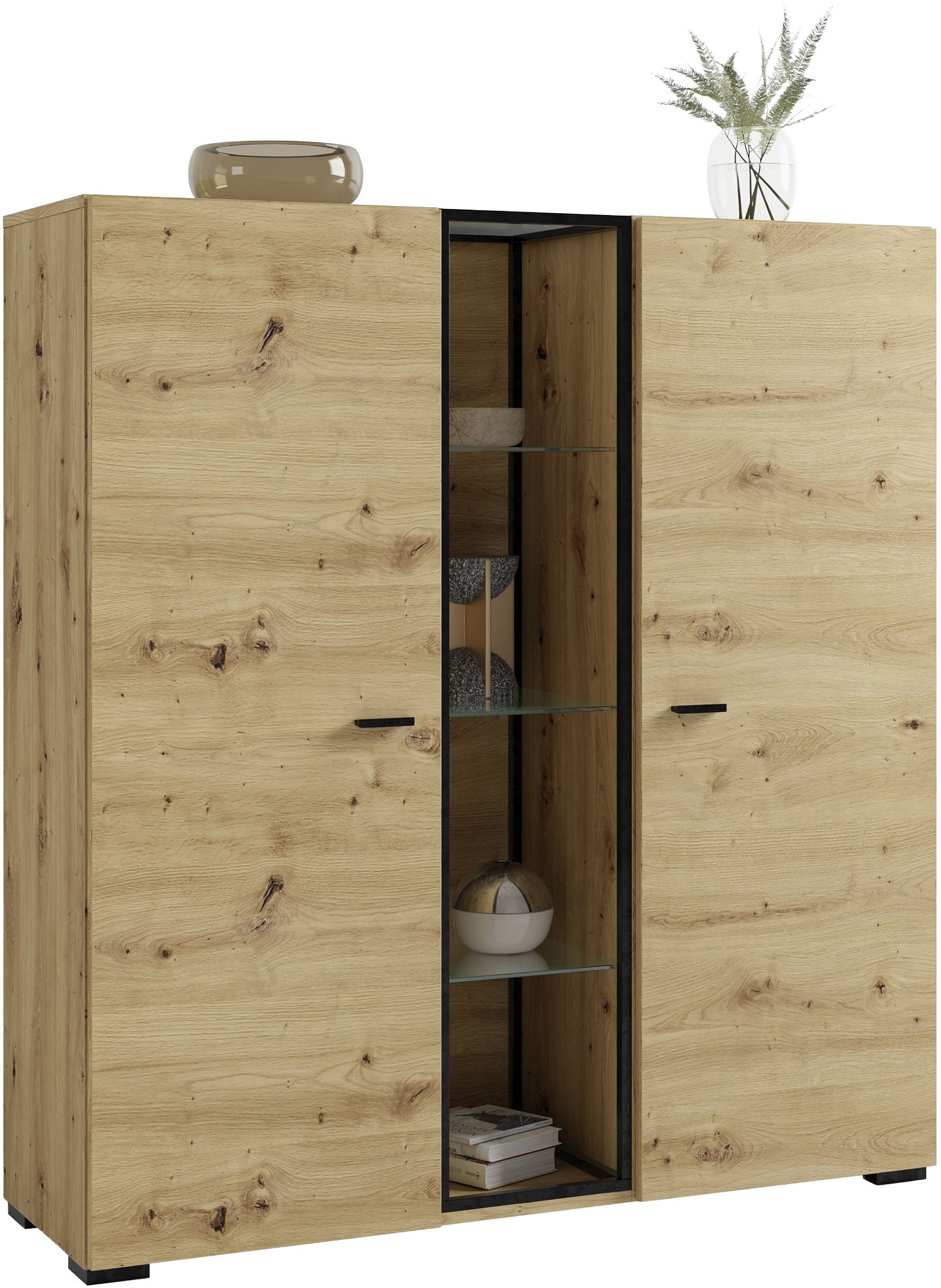 byLIVING Highboard »FRAME« Artisan Eiche, 9 Fächer, offene Fächer mit Glasböden im Metallrahmen