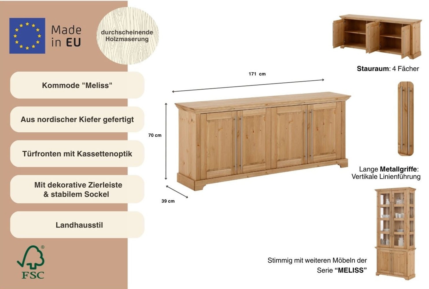 GOODproduct Kommode »Meliss« aus massiver Kiefer, FSC® zertifiziert, 4-türig, Breite 171 cm