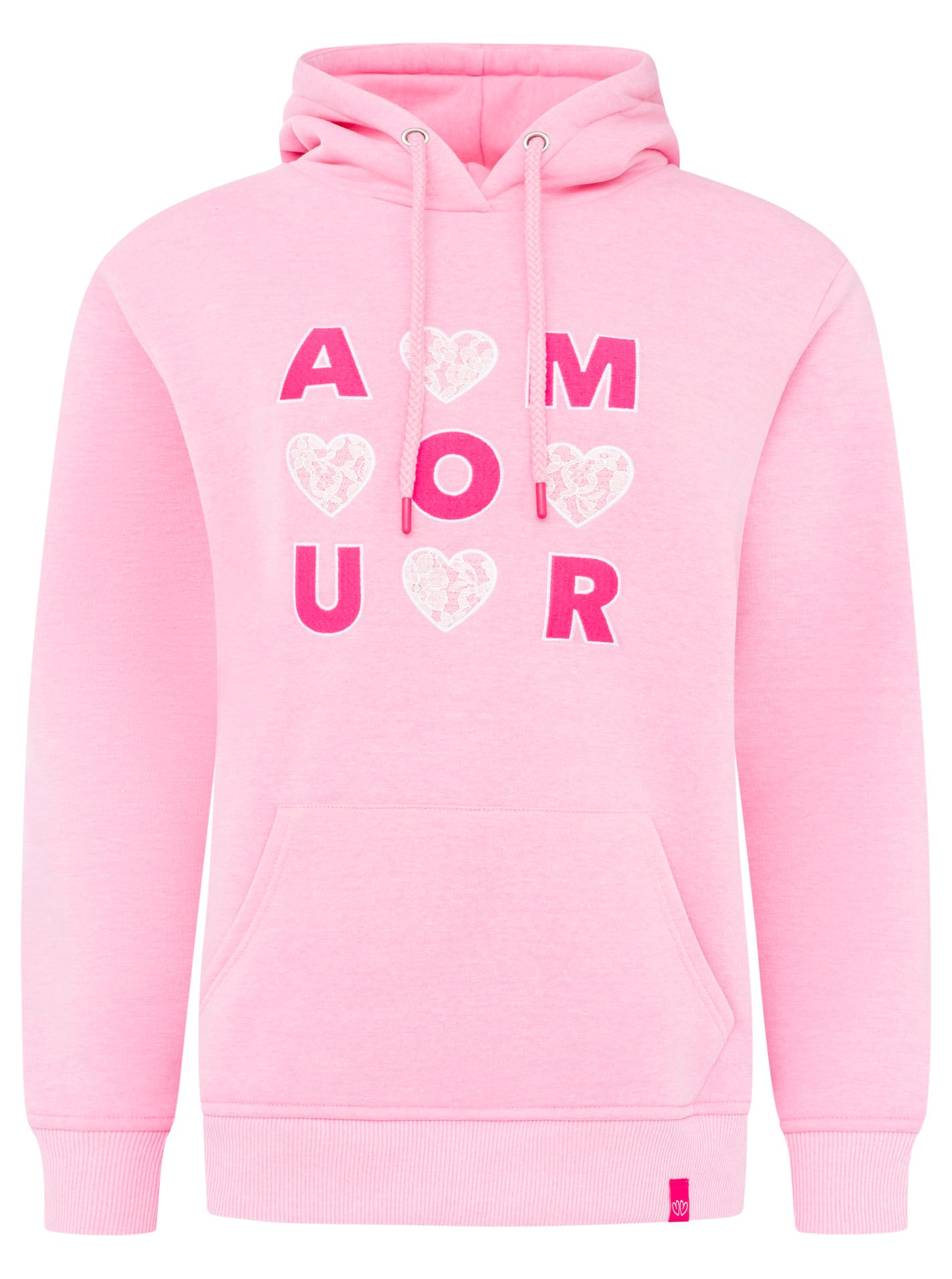 Zwillingsherz Hoodie »"AMOUR"«, gesticktes Motiv mit Herzen und Spitze, Kapuze, Kängurutasche
