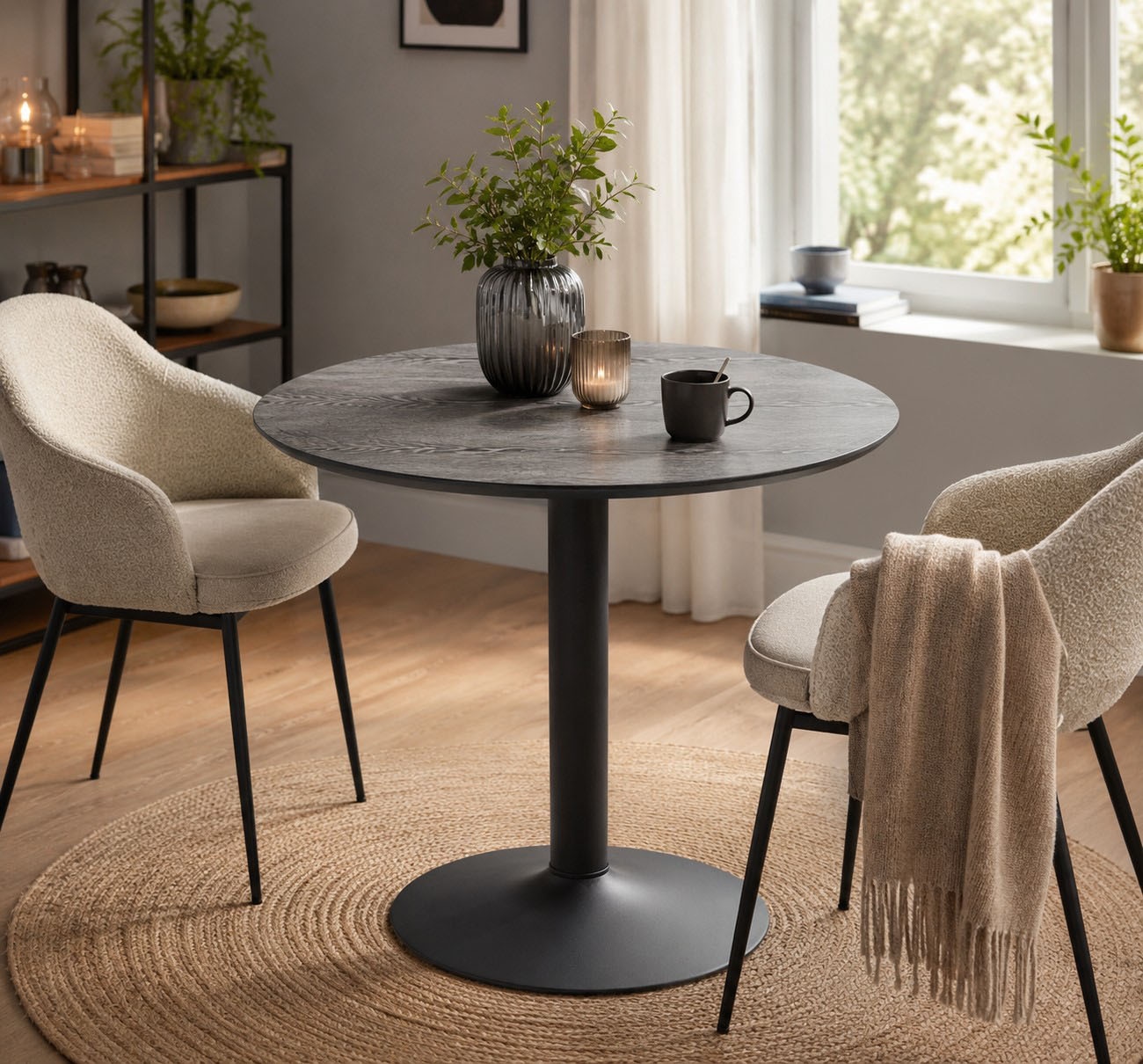 ACTONA GROUP Table de salle à manger »Ibiza, Runder Küchentisch - pflegeleicht, platzsparend & robust« Table, table tulipe, 1 cuis tlg. Table de café, table ronde Ø 80 cm, noire, avec pied trompette