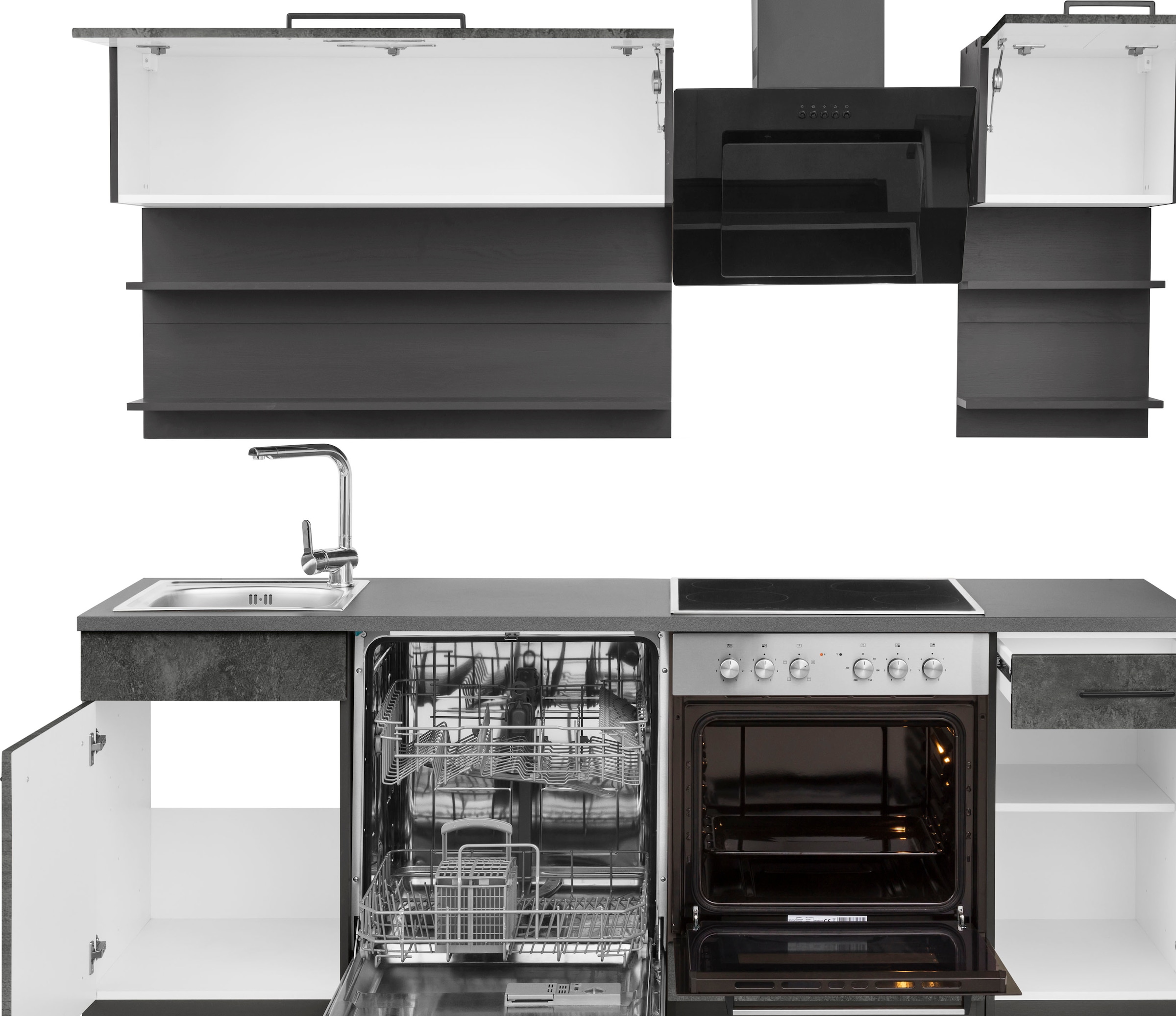 KOCHSTATION Küchenzeile »KS-Tulsa« ohne E-Geräte, Breite 210 cm, schwarze Metallgriffe, MDF Fronten