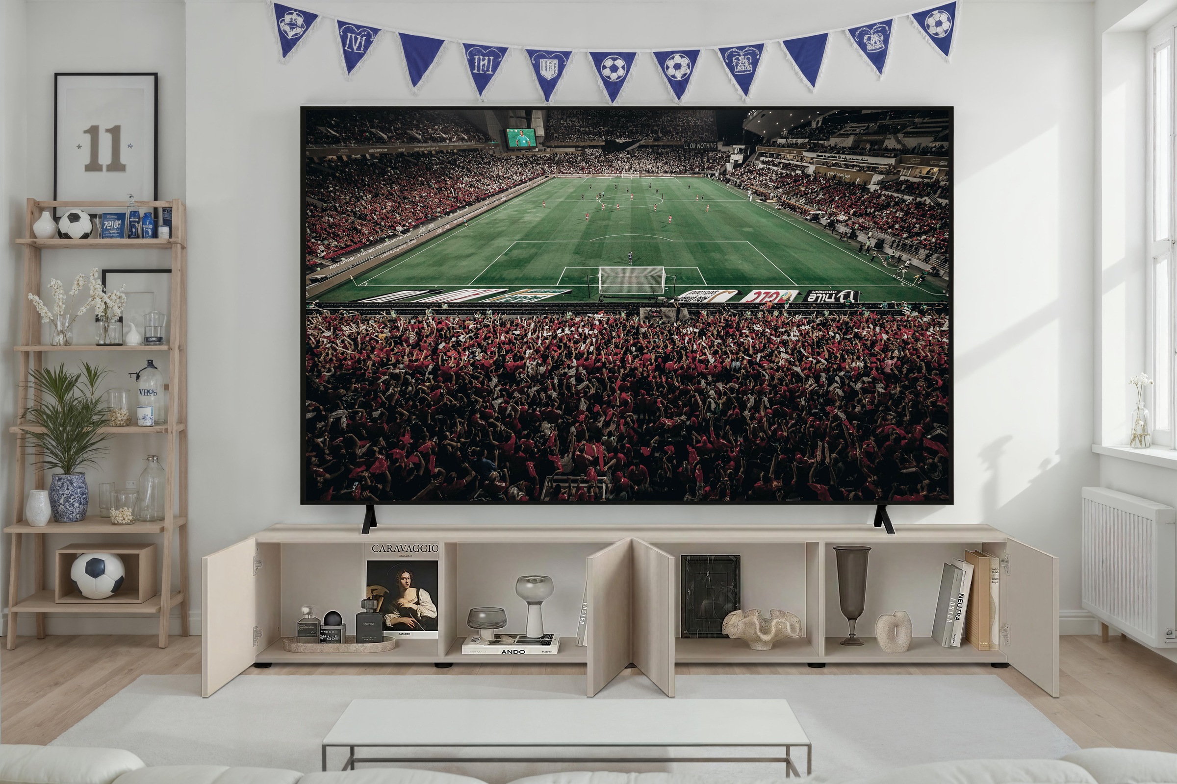 Home affaire Table basse »Rio, 245 cm breit, 47 cm tief, 4 Türen mit geriffelten MDF Fronten« Modernes Lowboard für bis zu 98-Zoll-TV – perfekt für die WM