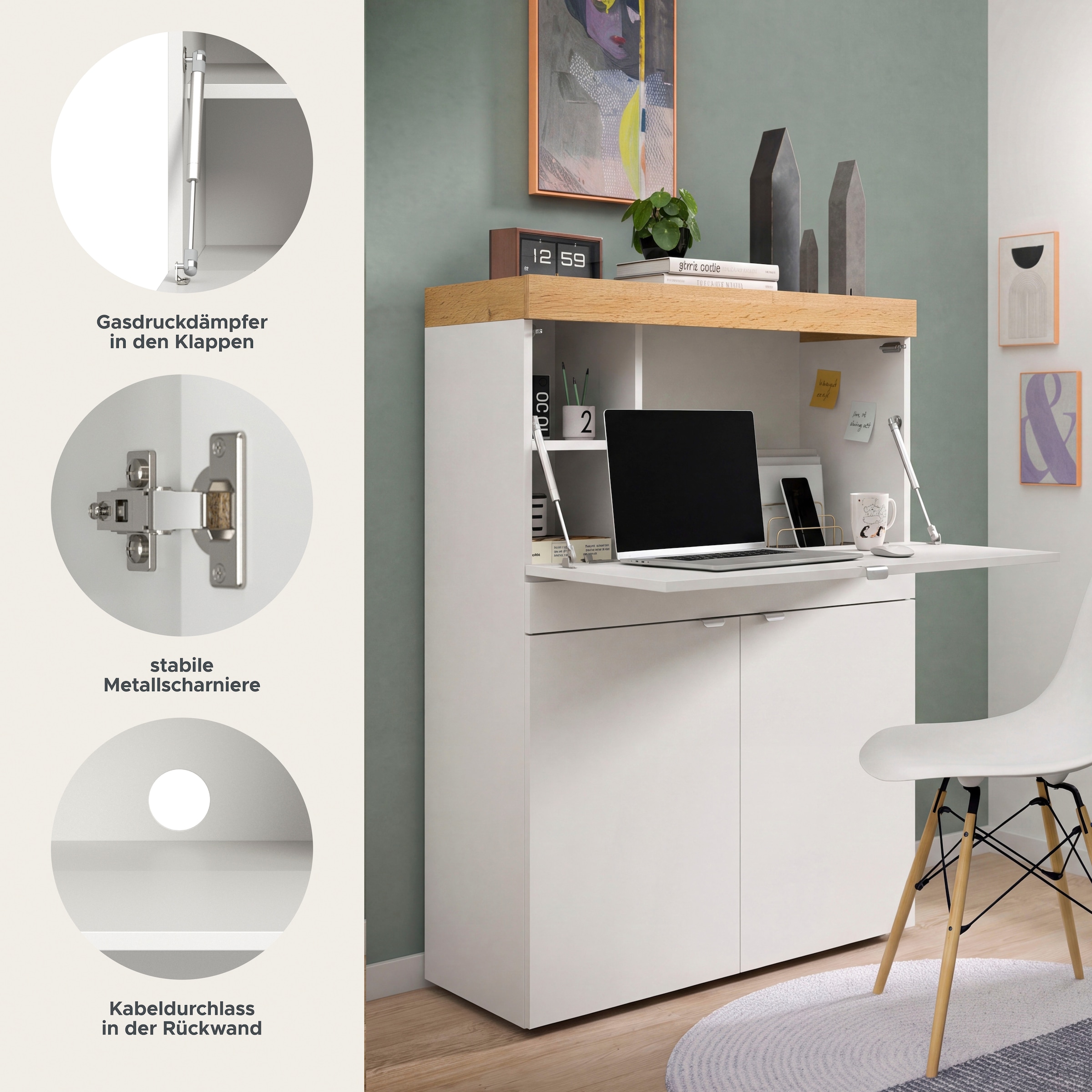 GOODproduct Secrétaire »MAMBO, Höhe 122cm, 2 Türen, 1 Schubkasten, 1 Klappe« Bureau pour télétravail, armoire PC, bureau, bureau
