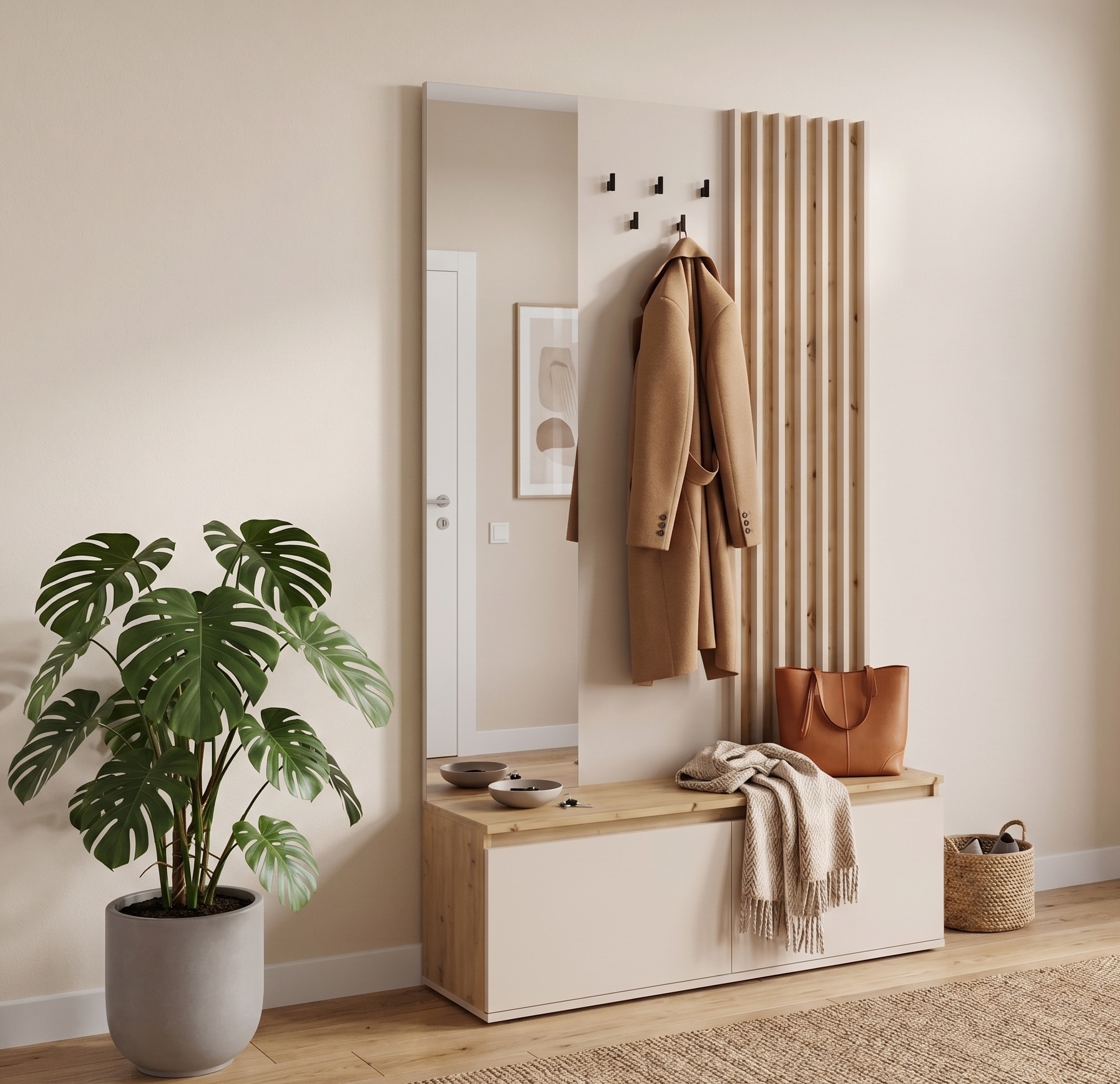 Home affaire Panneau de vestiaire »LANDUVA Garderobe mit Schuhschrank, Spiegel und Haken, Breite 120 cm« Ensemble de vestiaire, vestiaire compact, avec banc, design à lamelles