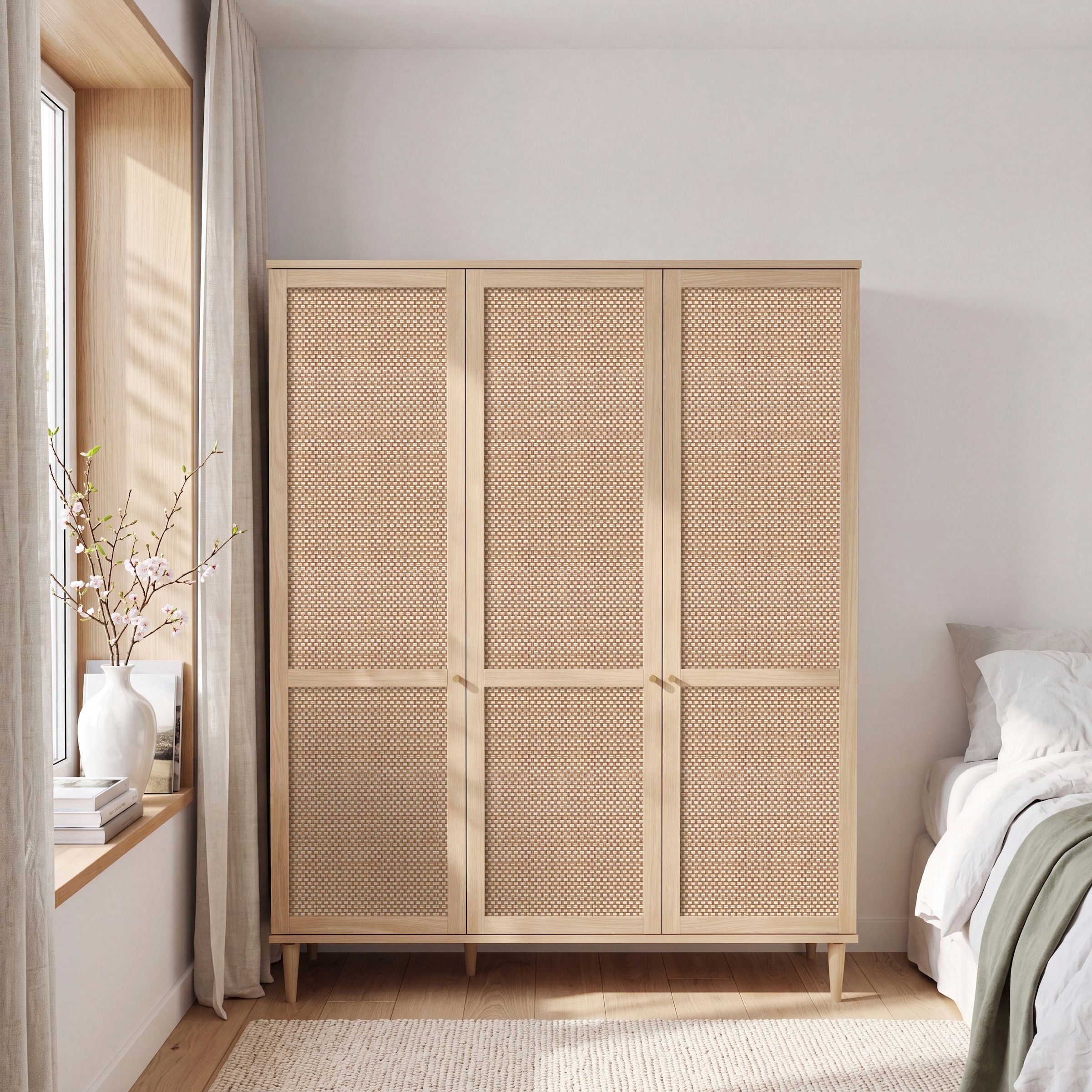 GOODproduct Kleiderschrank »ELLIAN mit Rattan, Wiener Geflechtoptik und warmem Holzdekor« Boho-Stil, Metallgriffe, Made in EU, viel Stauraum, FSC®, Vintage