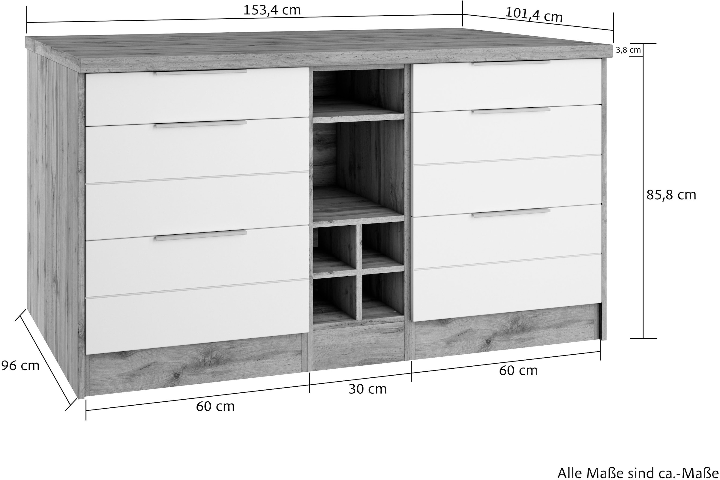 KOCHSTATION Ilot de cuisine »KS-Luhe, Breite 153 cm, mit Flaschenregal« façades MDF, plan de travail épaisseur 38mm