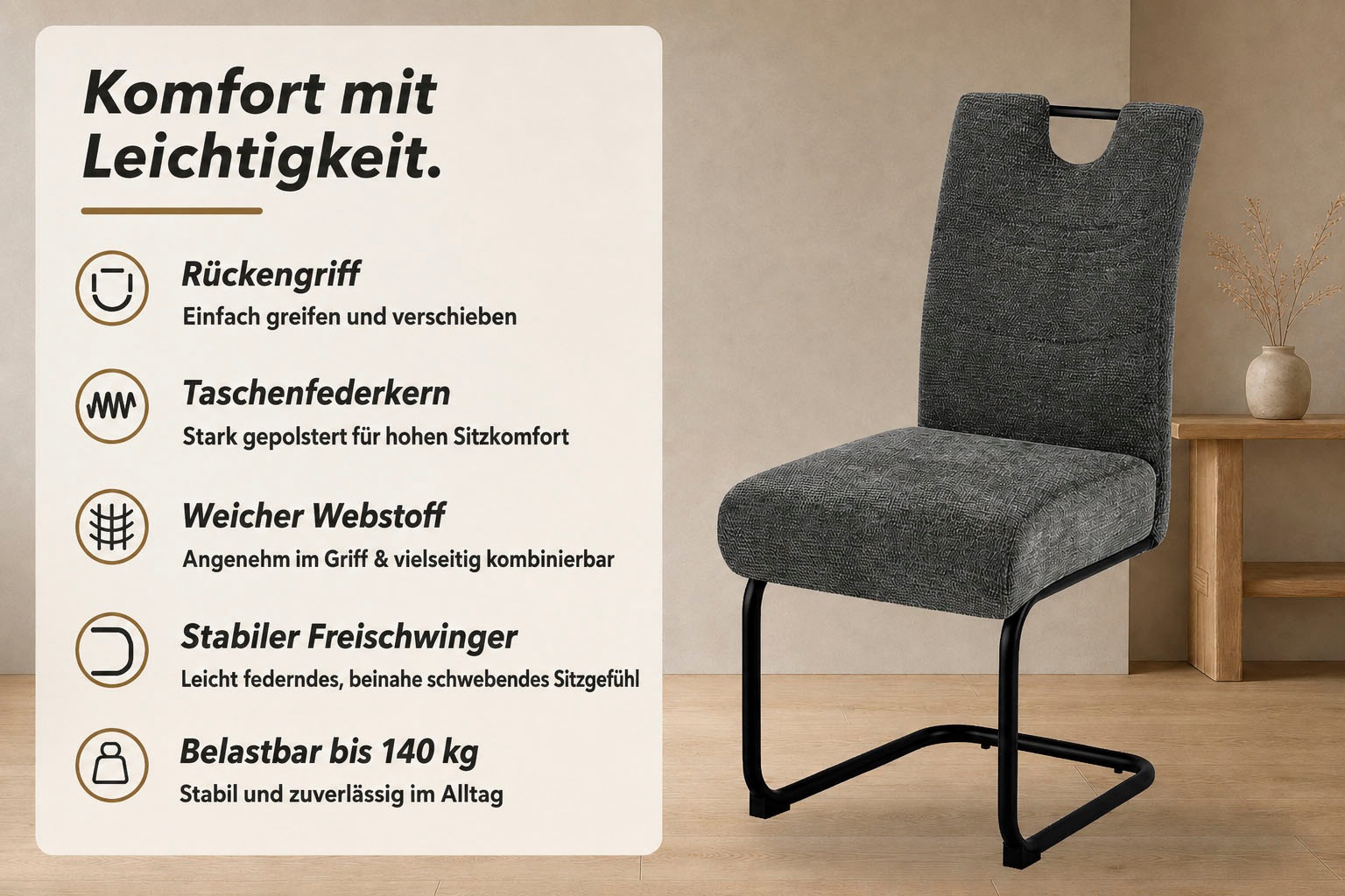 GOODproduct Chaise cantilever »Echo« (Ensemble) 2 cuischaise cantilever confortable avec ressort et poignée, charge maximale 140 kg