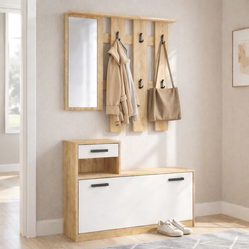 GOODproduct Garderoben-Set »Luna Kommode mit 1 Klappe + 1 Schubkasten, Paneel mit Spiegel 6 Haken« 2 Stk. tlg.