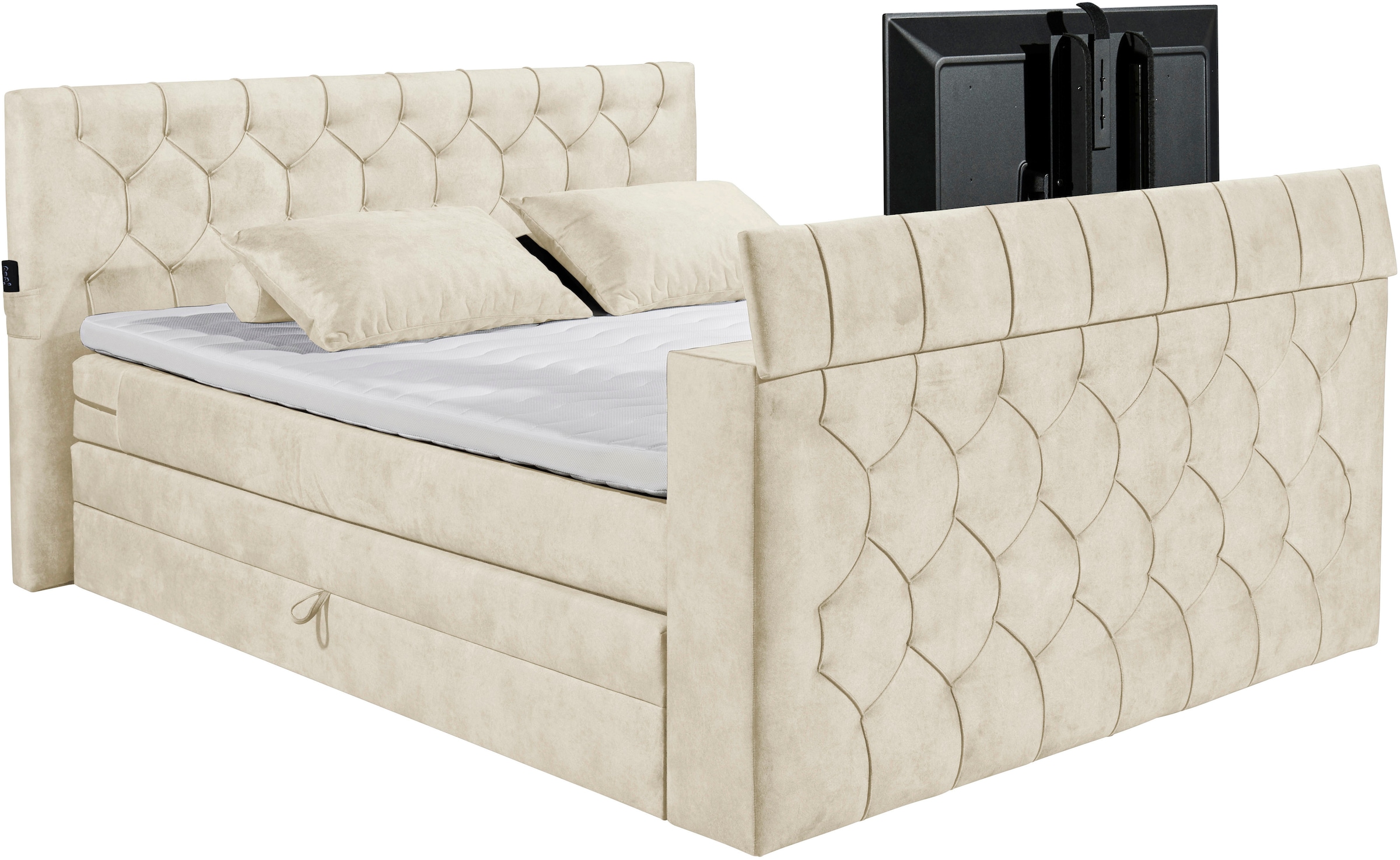ED EXCITING DESIGN Lit boxspring »Springdale« avec coffre de lit, support TV motorisé, matelas duo (H3/H4)