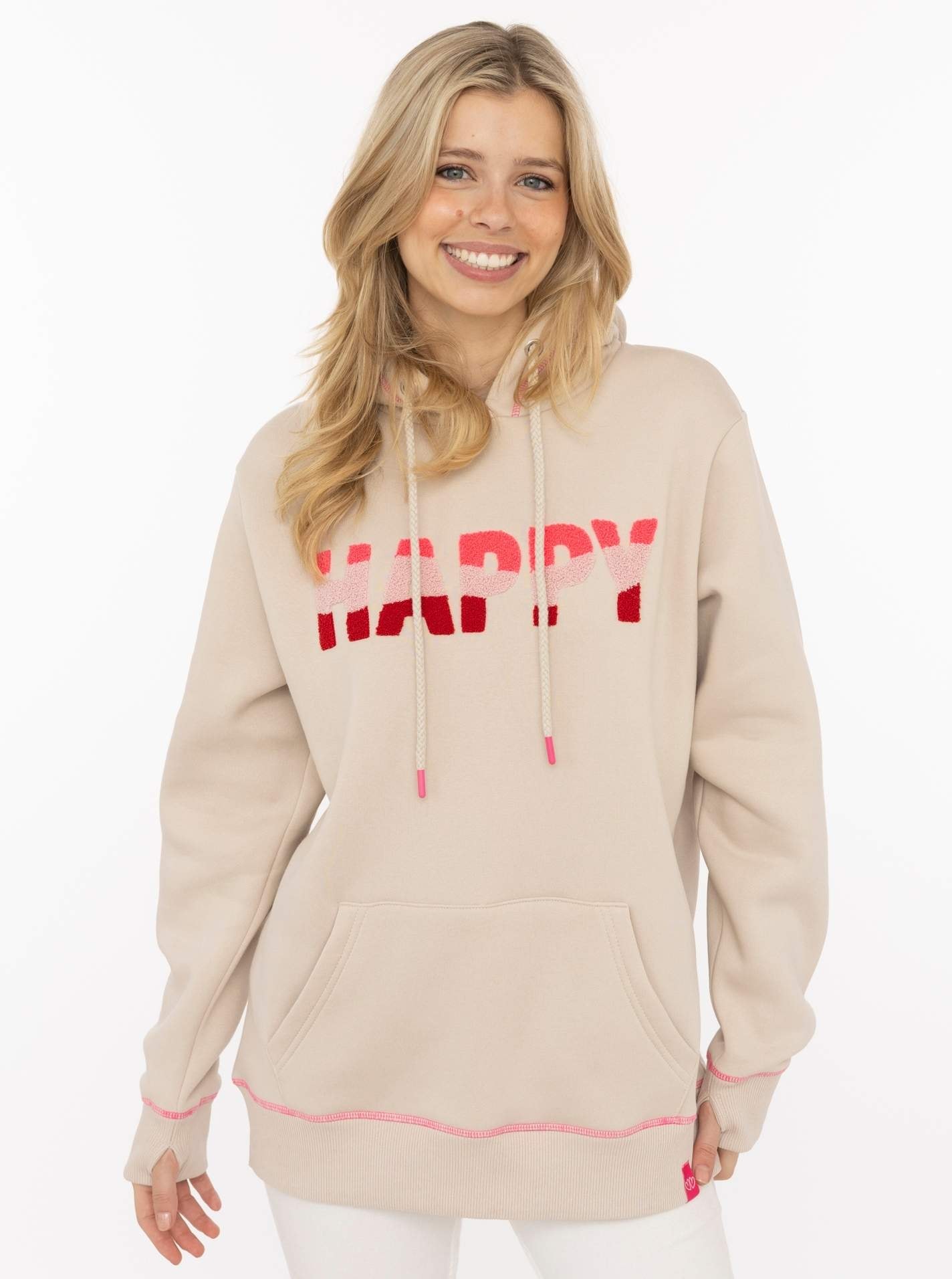 Zwillingsherz Hoodie »"HAPPY"«, inscription colorée en éponge, capuche avec cordon, poche kangourou
