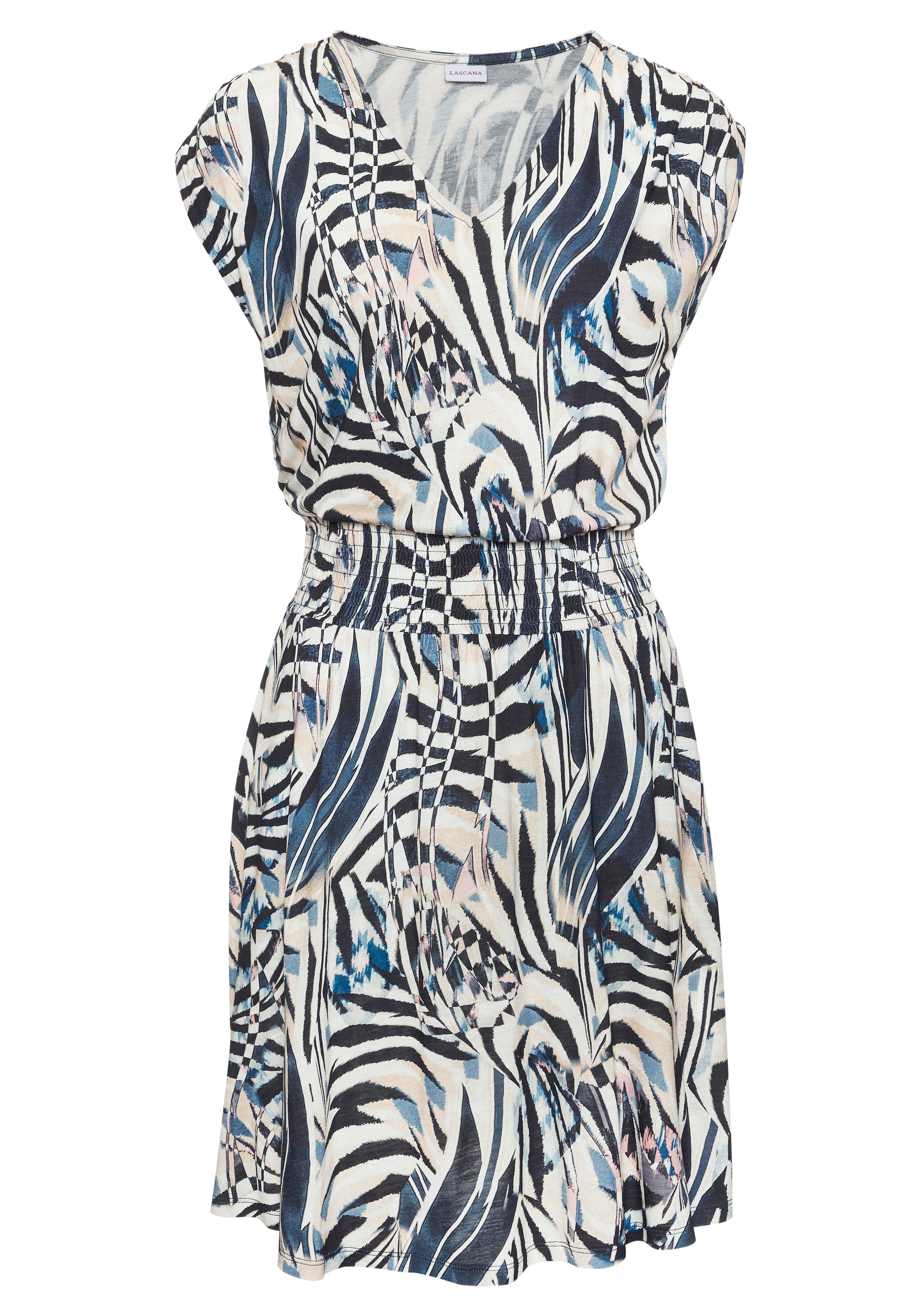 LASCANA Robe en jersey mit breitem Smokbund, kurzes Sommerkleid im Alloverprint, Strandkleid