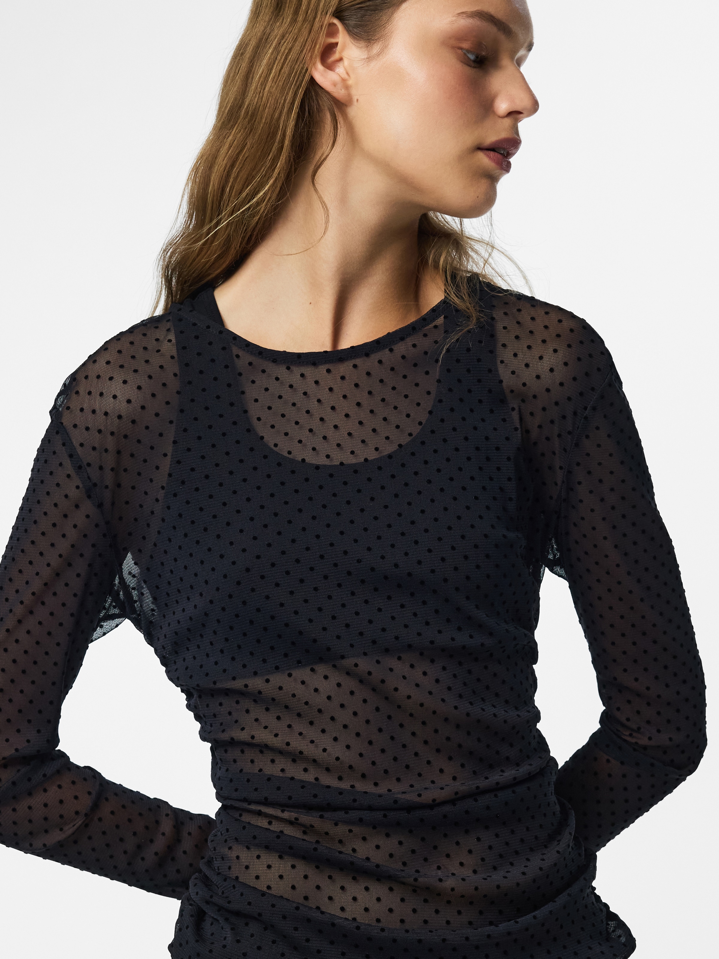 pieces T-shirt à manches longues »PCBOBO LS MESH ROUCHING TOP JRS NOOS« Fibre synthétique, qualité mesh transparente