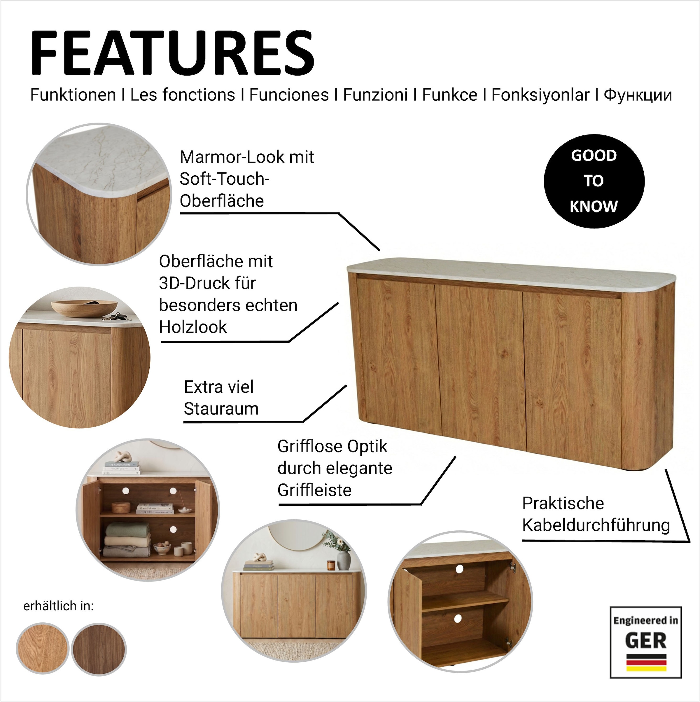 Jahnke Buffet »TRESOR SB 150« Buffet bas, aspect marbre, sans poignées, 3 portes, largeur : 150 cm