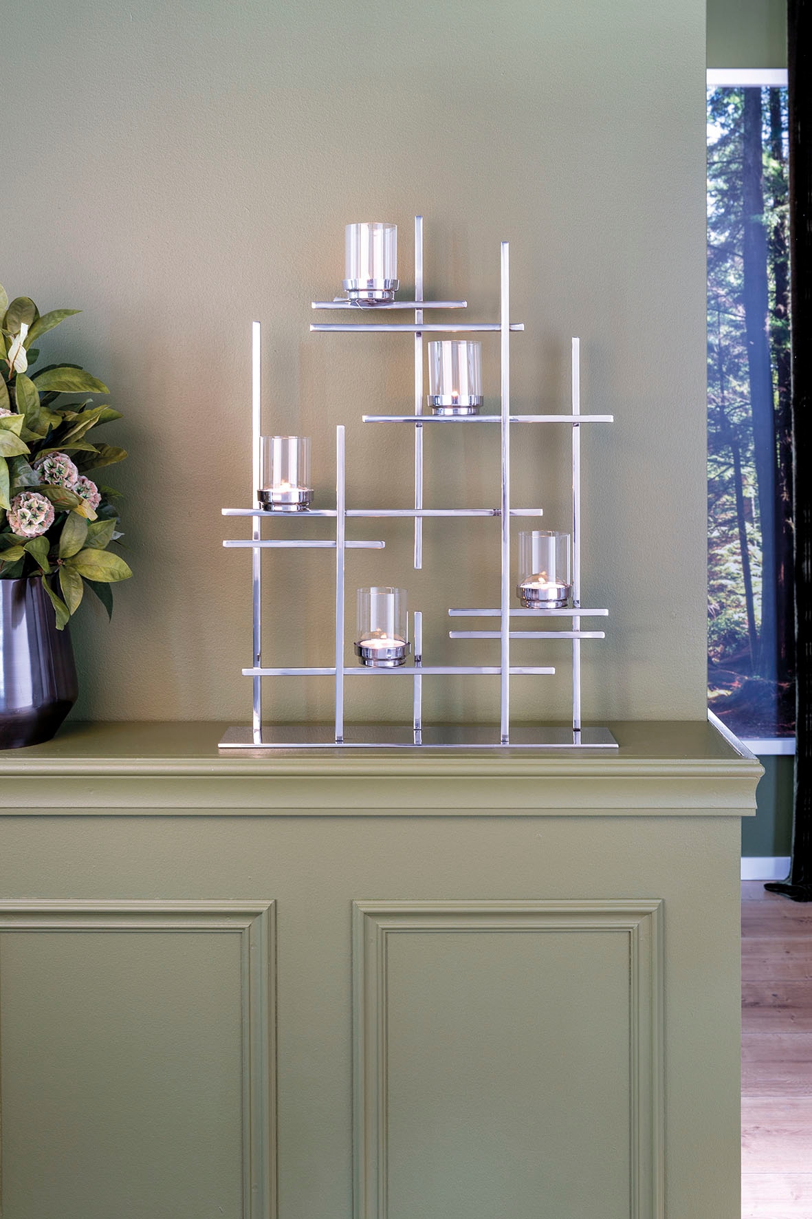 Fink Porte-bougies à chauffe-plat »PALADIN« Chandelier décoratif, 5 flammes, en acier inoxydable, hauteur env. 70 cm