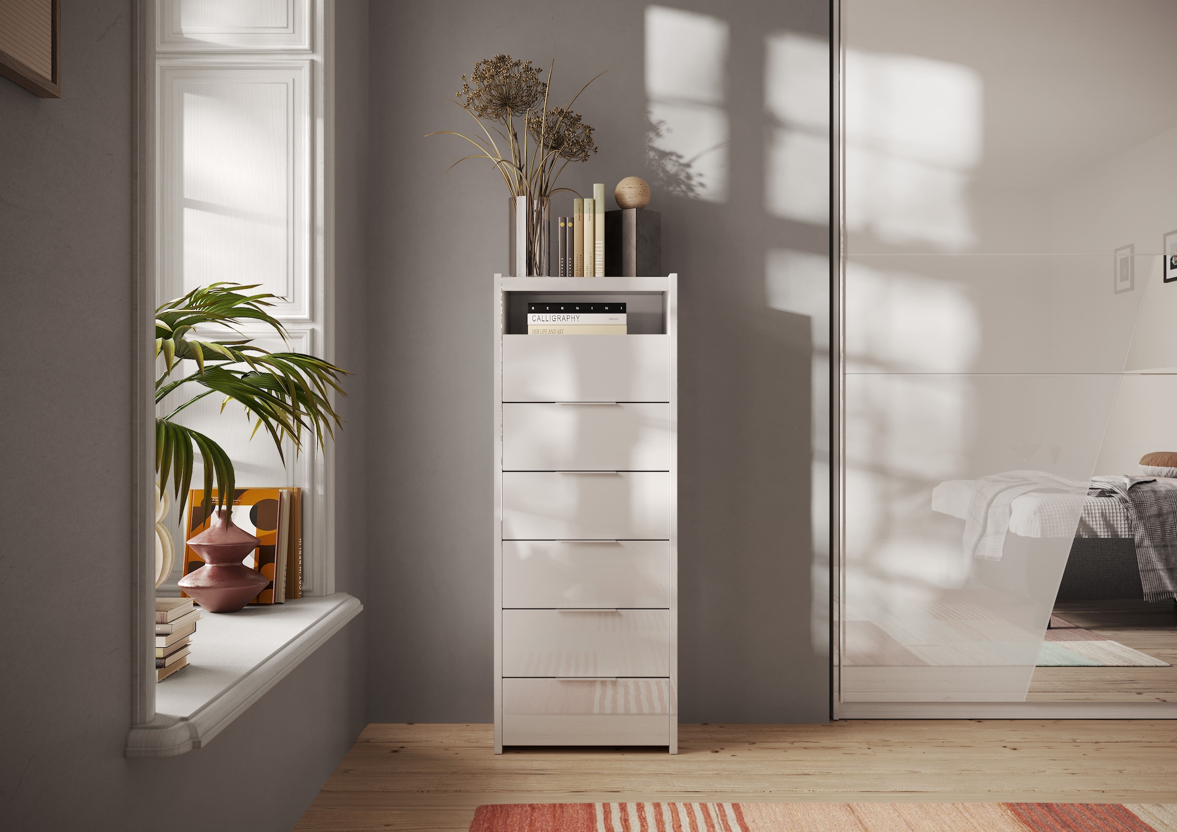 INOSIGN Commode »Malmo, Schubkastenkommode B/T/H 52/40/135 cm, mit 6 Schubkästen,« offene Ablage, Top 22 mm stark, Metallgriff, Weiss Hochglanz Lack