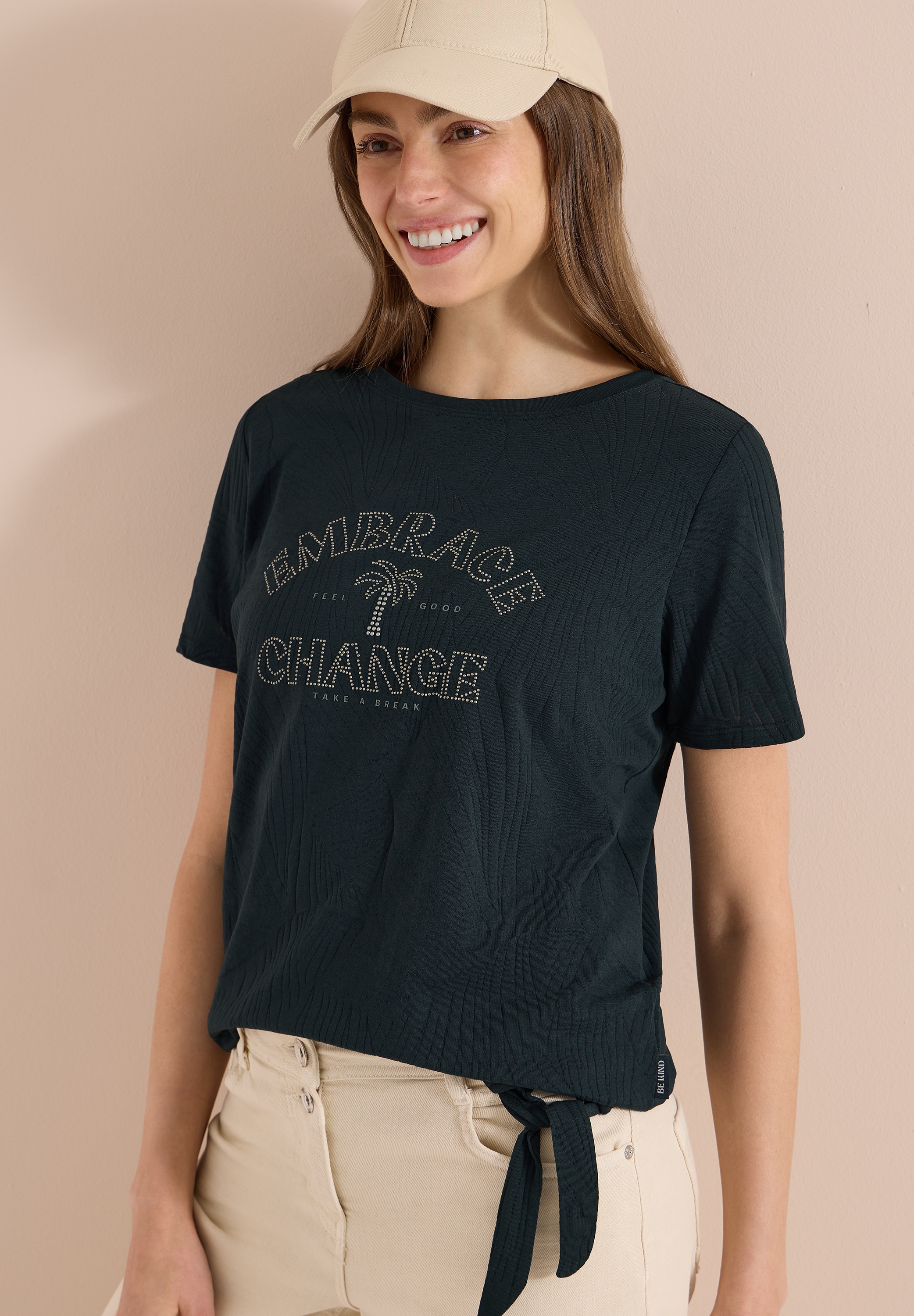 Cecil Shirt à col rond t-shirt d'été en look burnout avec texte