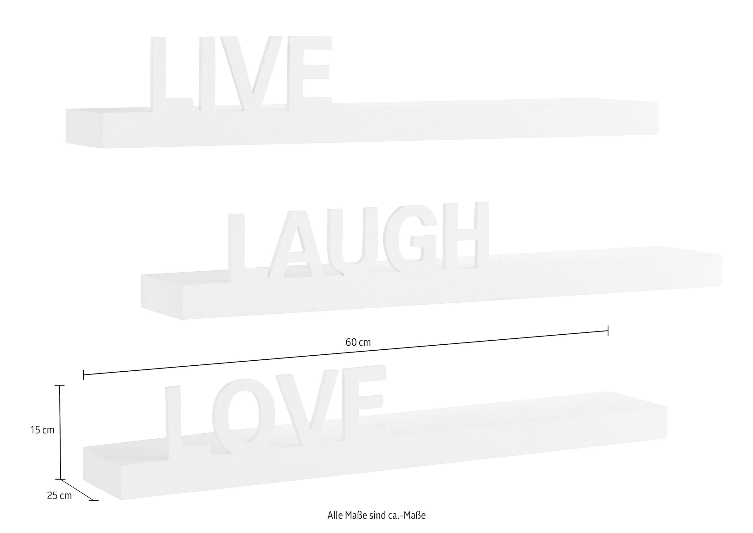 my home Deko-Wandregal »Live - Love - Laugh« Set, 3-tlg. Set, 3 Stk. tlg. Dekoregal, Wanddeko, mit Schriftzug