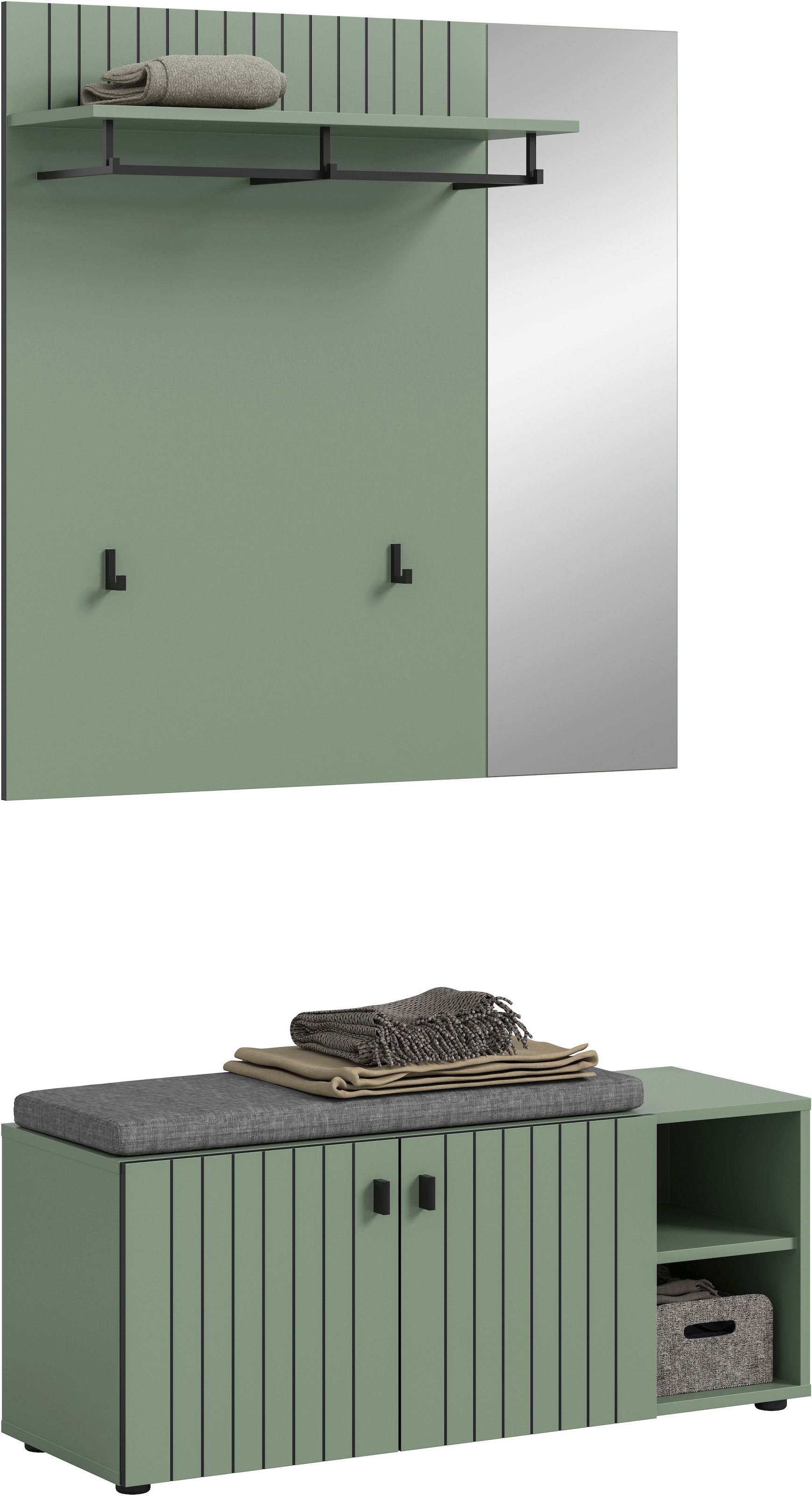 Home affaire Ensemble de vestiaires »TATIO, 3-tlg. Garderobenkombination, Breite: 106 cm, Rillenfräsung« Set, Set, best. aus: 1Paneel, 1 Garderobensitzbank inkl. Kissen, 3 cuis tlg.