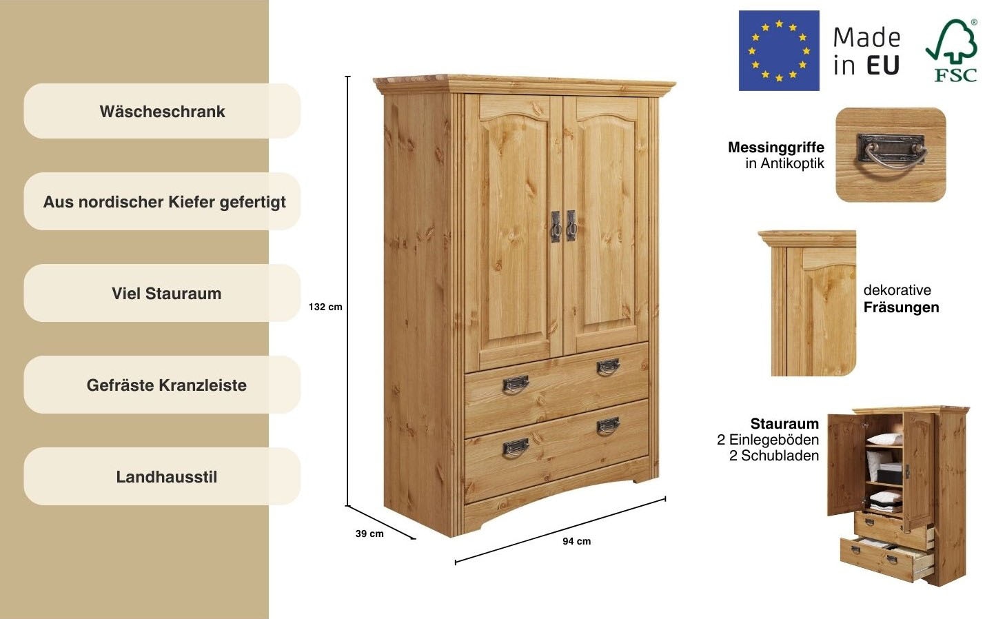 GOODproduct Wäscheschrank »Konrad« 2 Breiten: 94/133 cm H/T ca. 132/39 cm,  aus massiver Kiefer, mit viel Stauraum