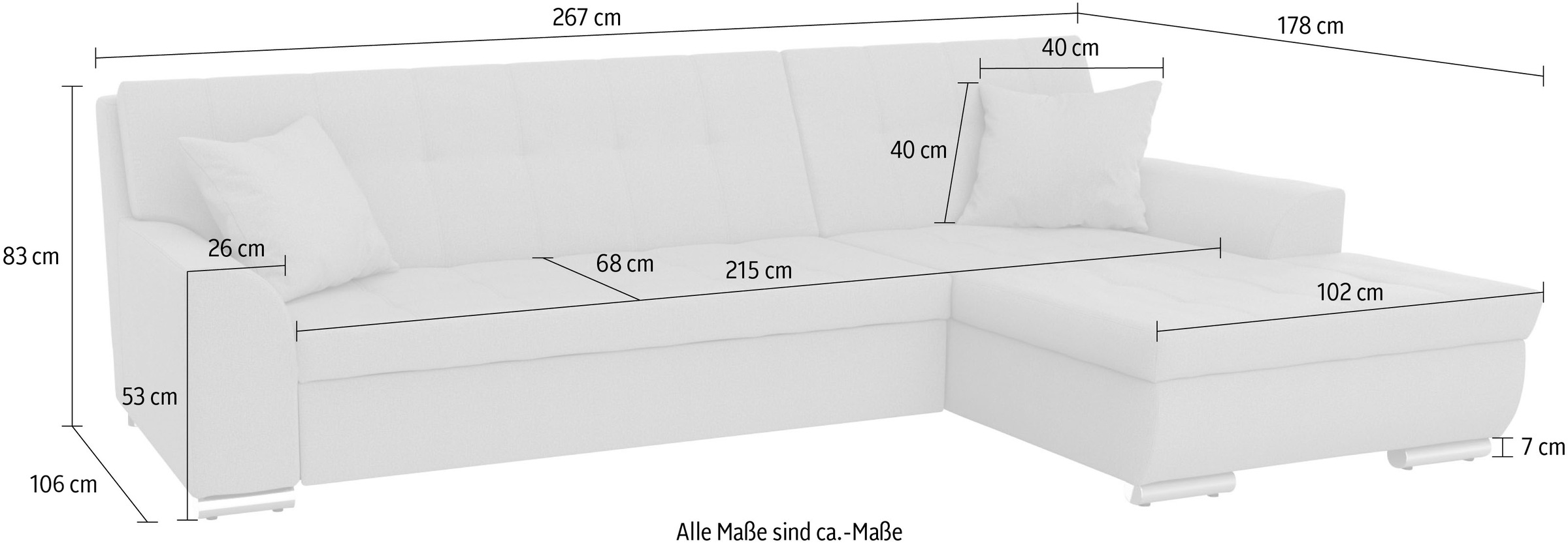 DOMO collection Ecksofa »TREVISO viele Bezüge, auch in Cord, L-Form, 267x178 cm« wahlw. mit Bettfunktion, inkl. Zierkissen, Unser Dauertiefpreis