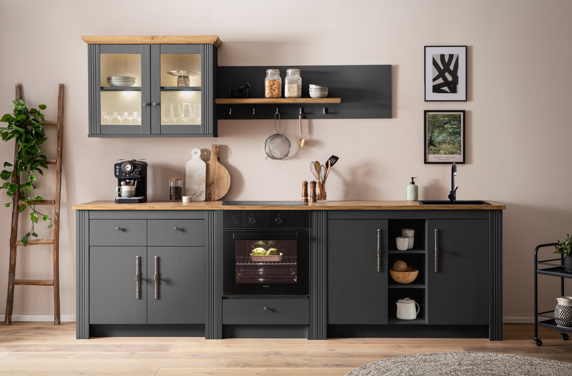 GOODproduct Kitchenette »KS-Westminster, Pantryküche im Landhaus Stil, hochwertige Metallgriffe« Ensemble,  Breite 294 cm, Kommoden, Wandpaneel, Hängeschrank, Herdumbau