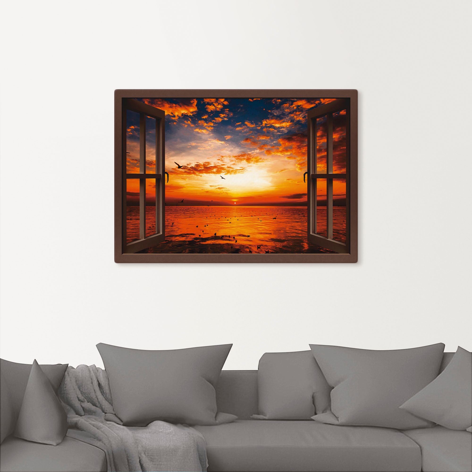 Artland Leinwandbild »Fensterblick Sonnenuntergang am Strand« Fensterblick 1 Stk. tlg. auf Holzrahmen gespannt