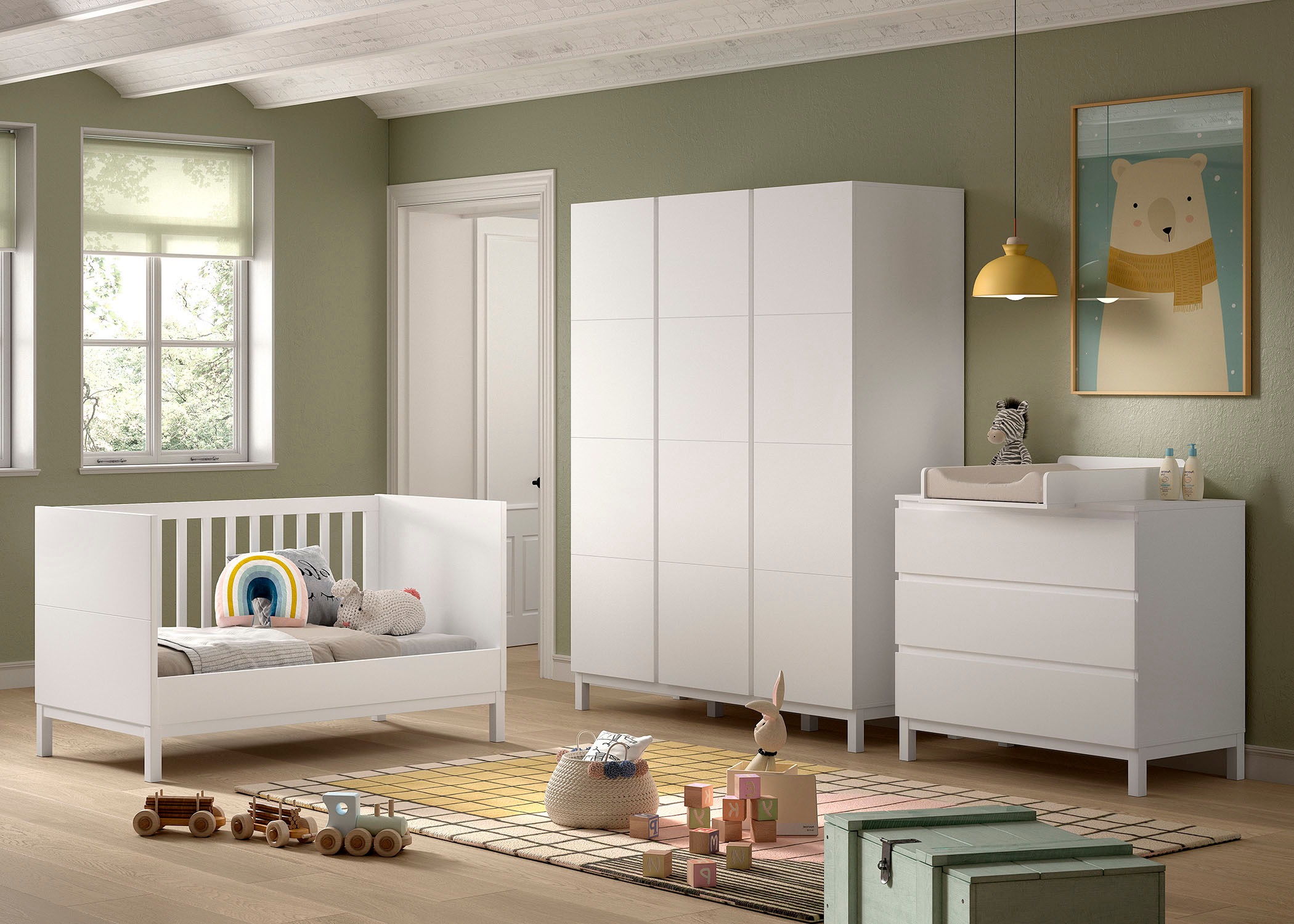 Vipack Ensemble de meubles pour bébé »Set best. aus Babybett 70/140, Kommode 3 Schubladen, Wickelaufsatz« 3 cuis tlg. au design épuré, surface laquée facile d'entretien en blanc