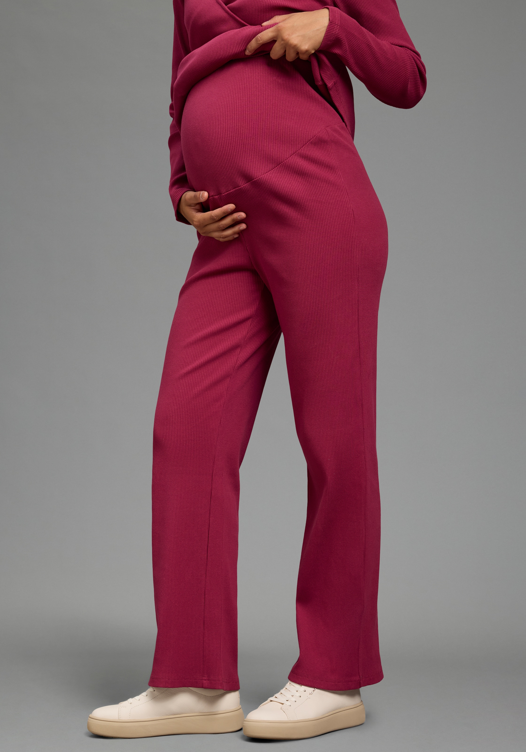 Neun Monate Pantalon de grossesse »Weite Jerseyhose für Schwangerschaft & Stillzeit, elastische Rippware«  Pantalon de grossesse en tissu côtelé avec jambes larges